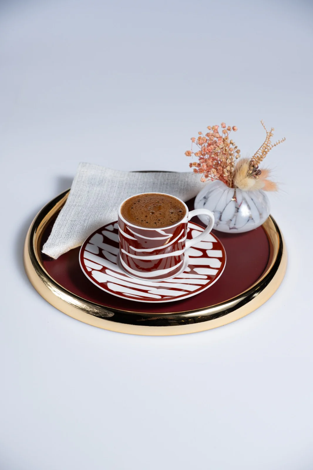 Bordo Deri Yuvarlak Supla ve Kahve Tepsisi