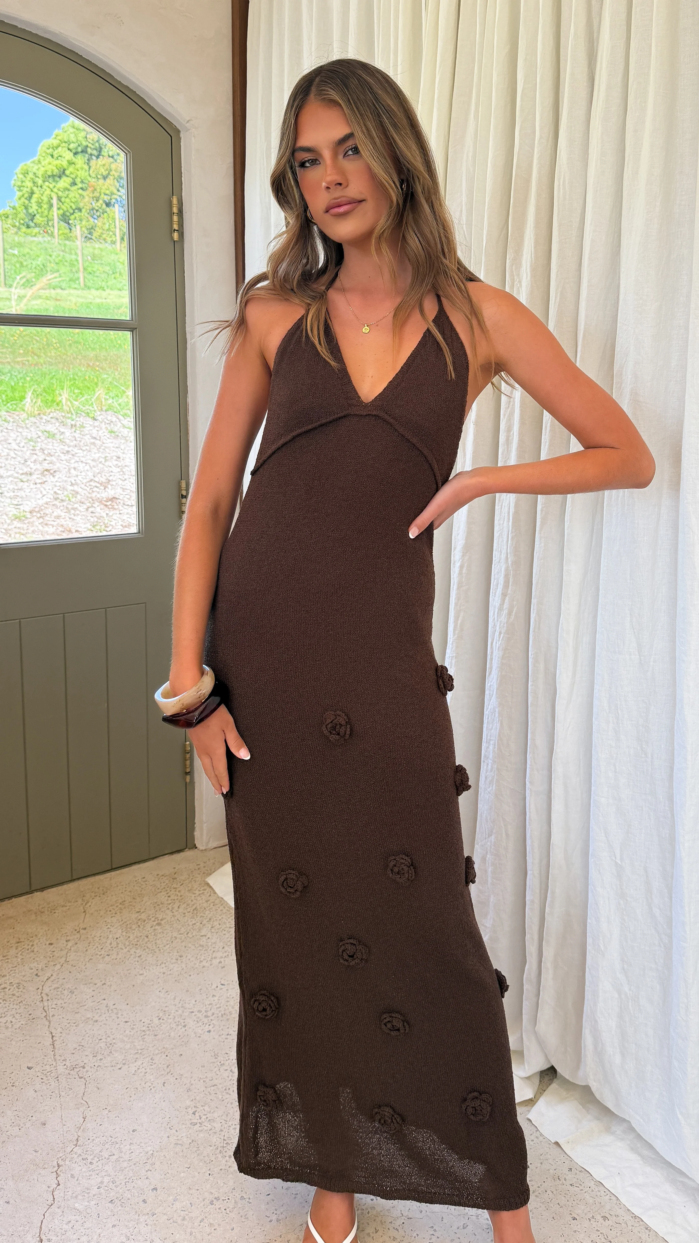 Sancha Flower Knit Maxi Dress - Chocolate