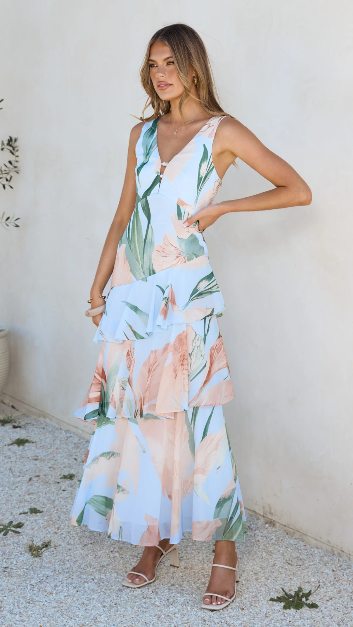 Reina Tiered Maxi Dress - Blue Floral