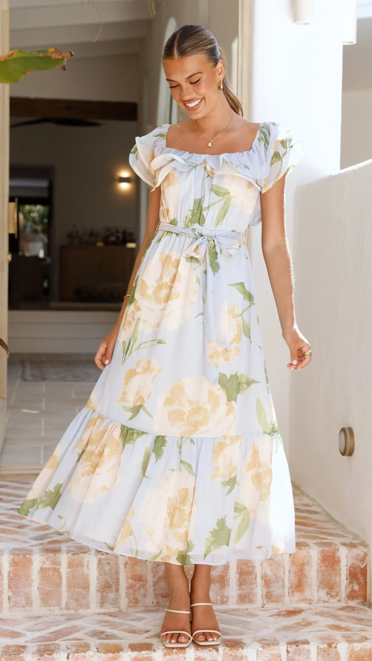Chase Off Shoulder Maxi Dress - Blue/Peach Floral
