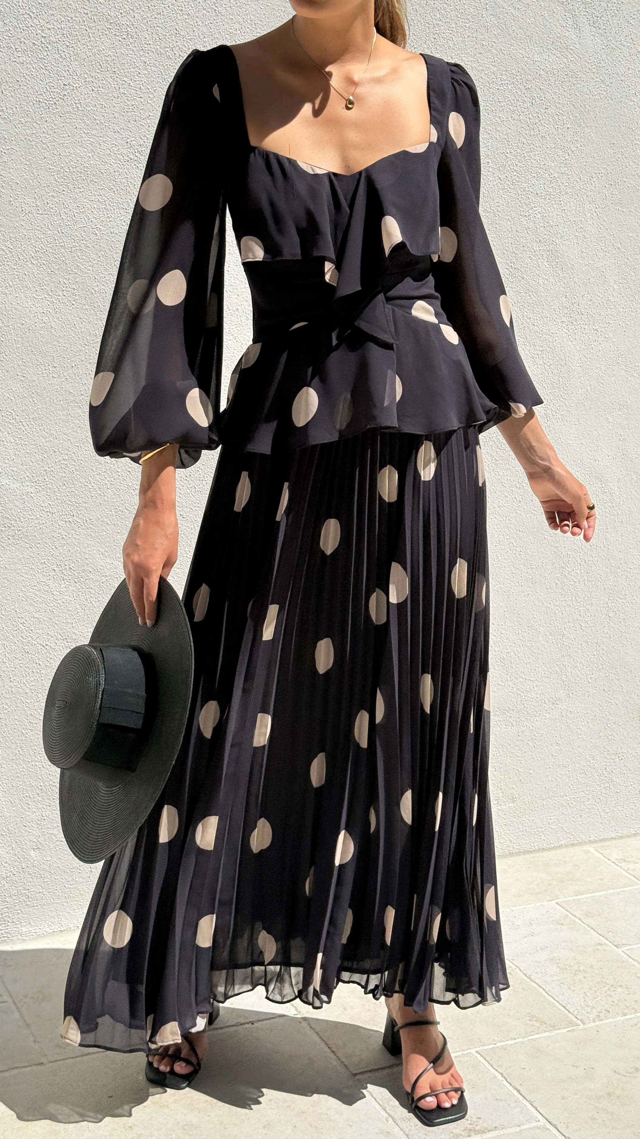 Calandra Long Sleeve Midi Dress - Black/Cream Polka