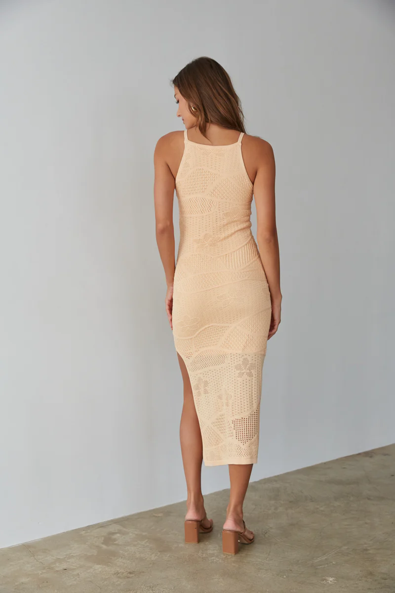 Keilani High Neck Open Knit Midi Dress