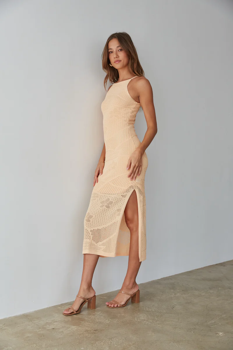 Keilani High Neck Open Knit Midi Dress