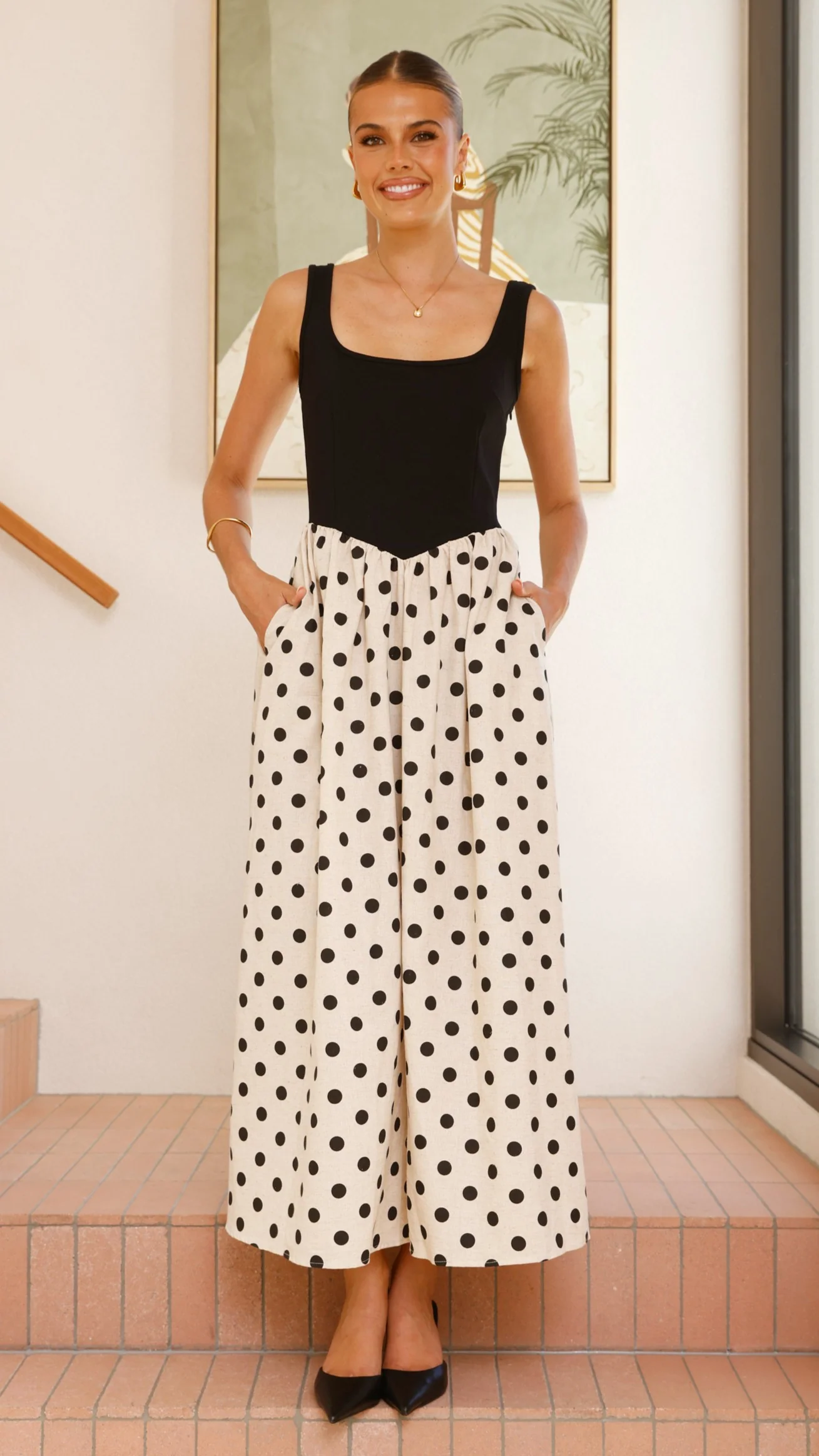 Leoni Maxi Dress - Oat/Black Polka