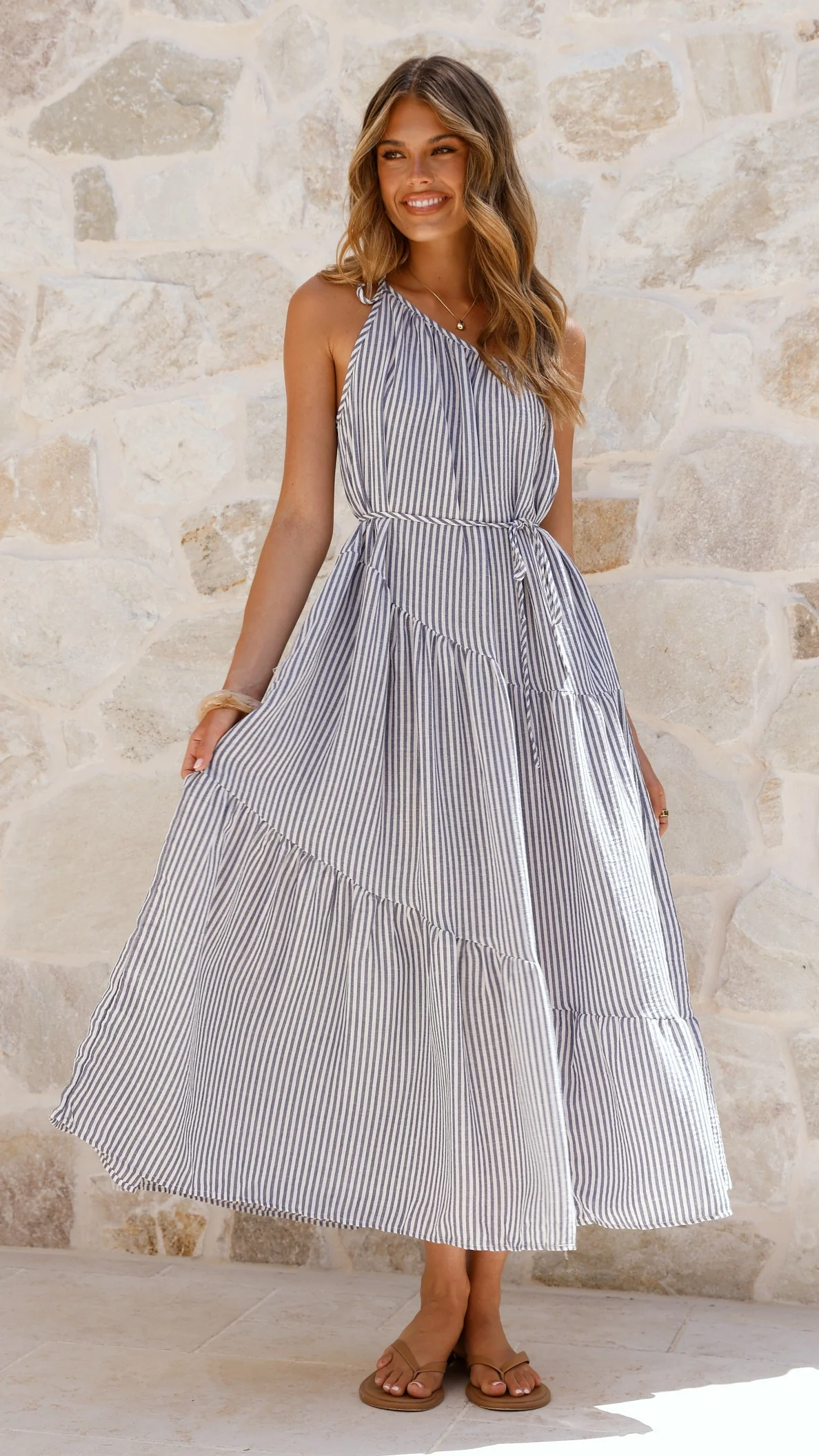 Wendy One Shoulder Maxi Dress - Blue / White Stripe