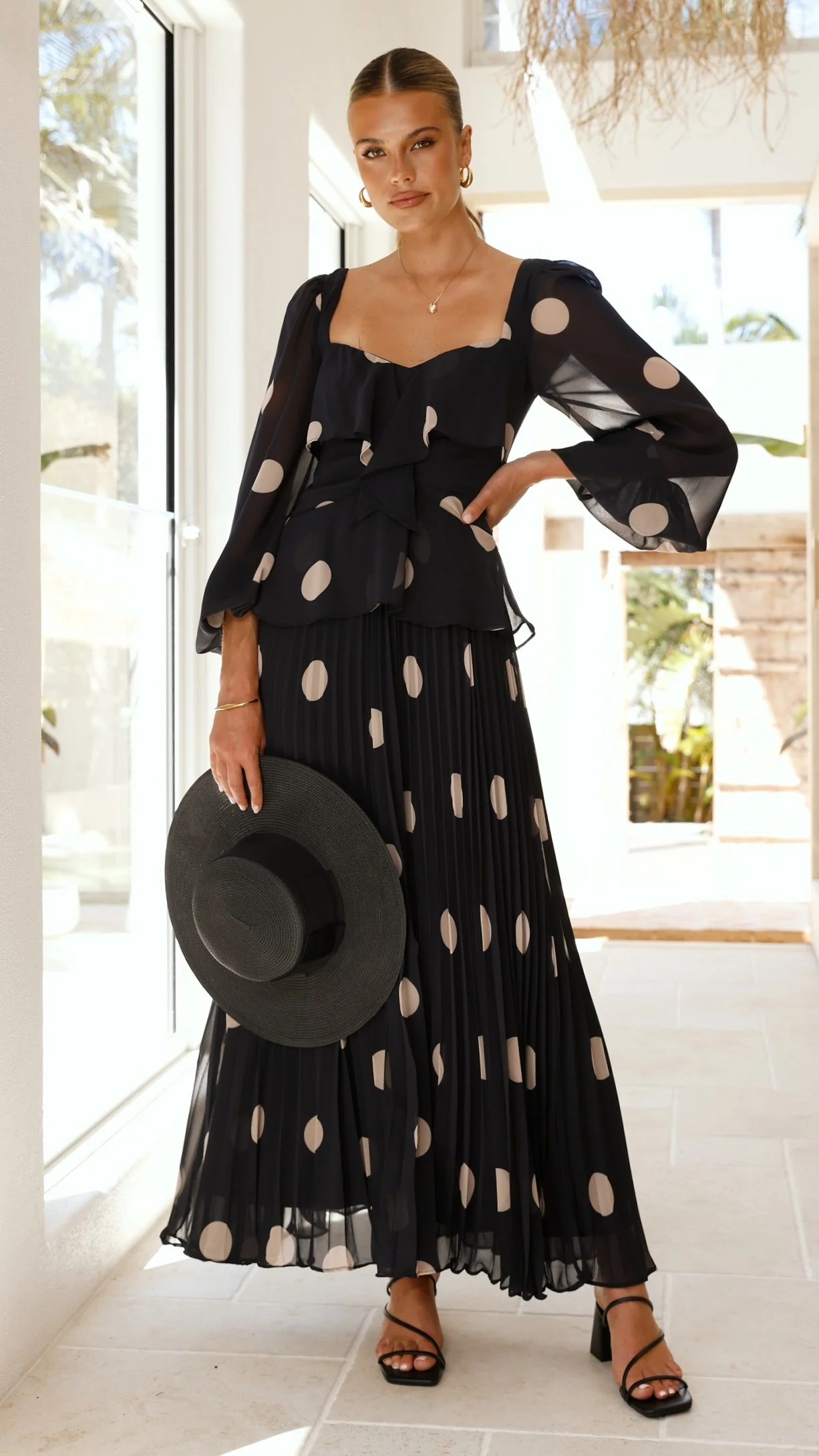 Calandra Long Sleeve Midi Dress - Black/Cream Polka