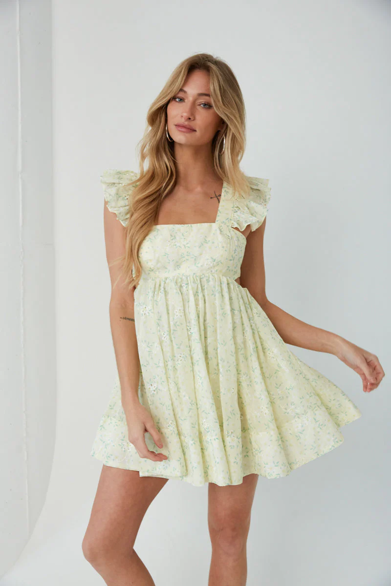 Cara Floral Eyelet Flutter Sleeve Babydoll Mini Dress
