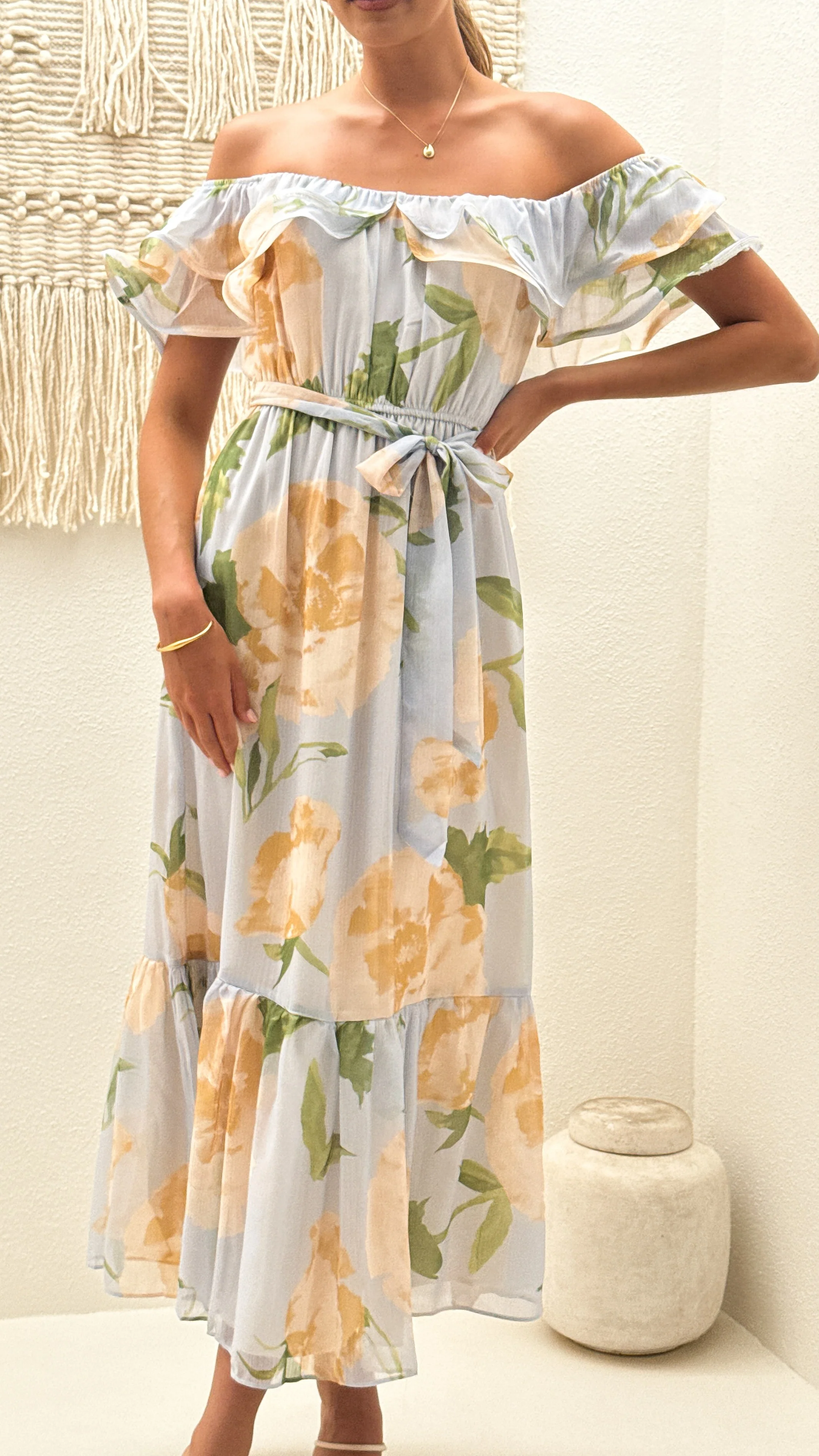 Chase Off Shoulder Maxi Dress - Blue/Peach Floral
