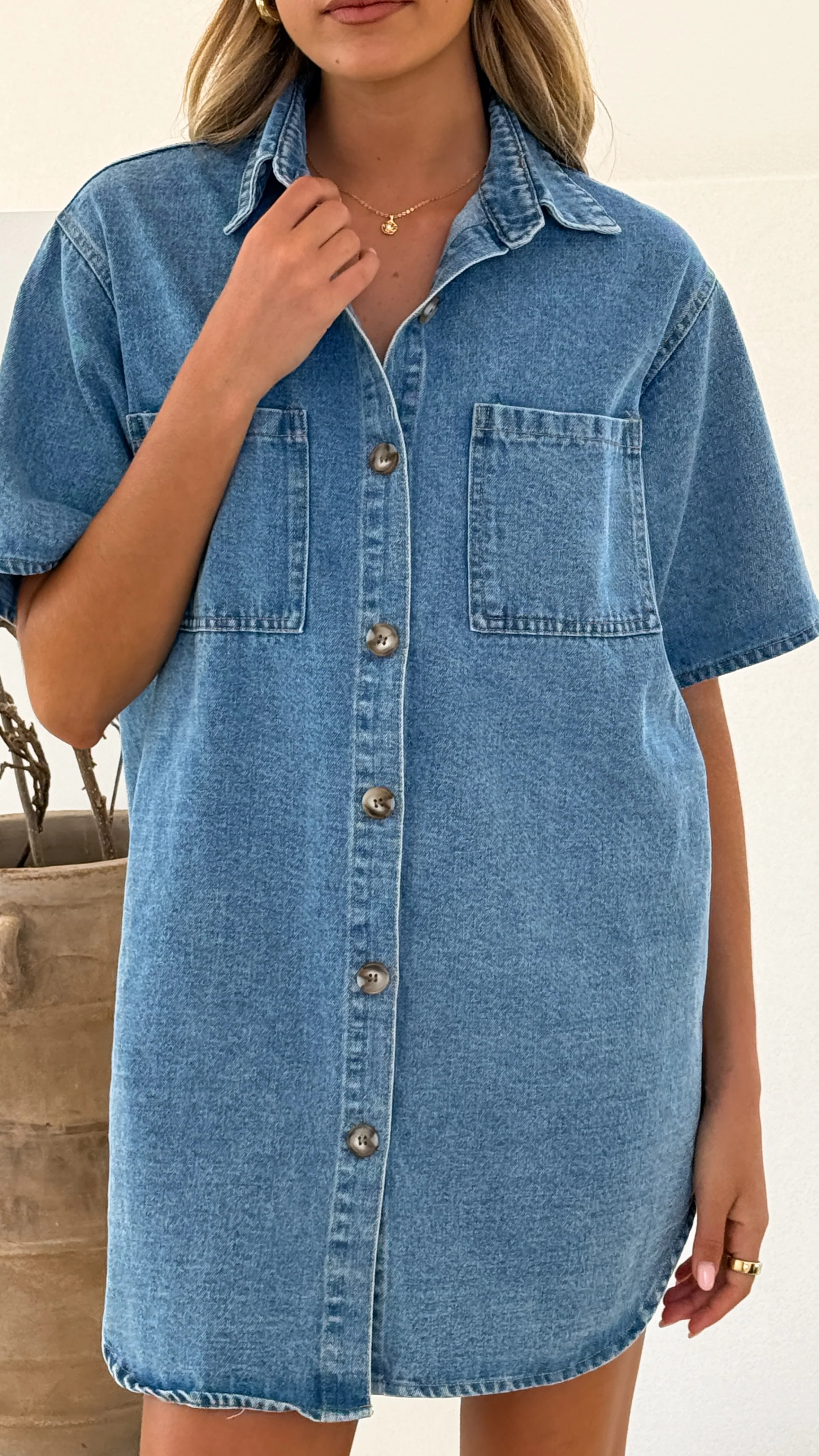 Chaney Button Up Mini Dress - Medium Denim