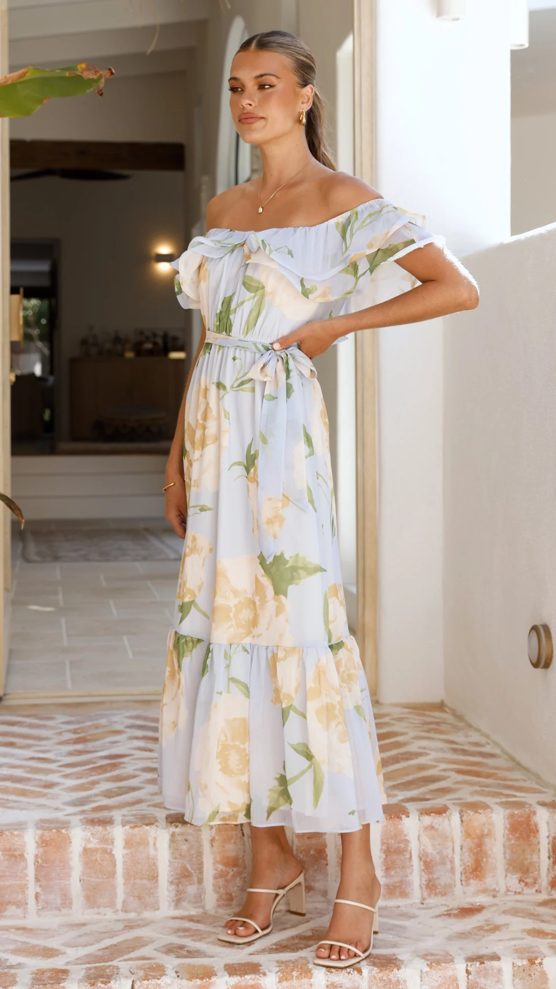 Chase Off Shoulder Maxi Dress - Blue/Peach Floral