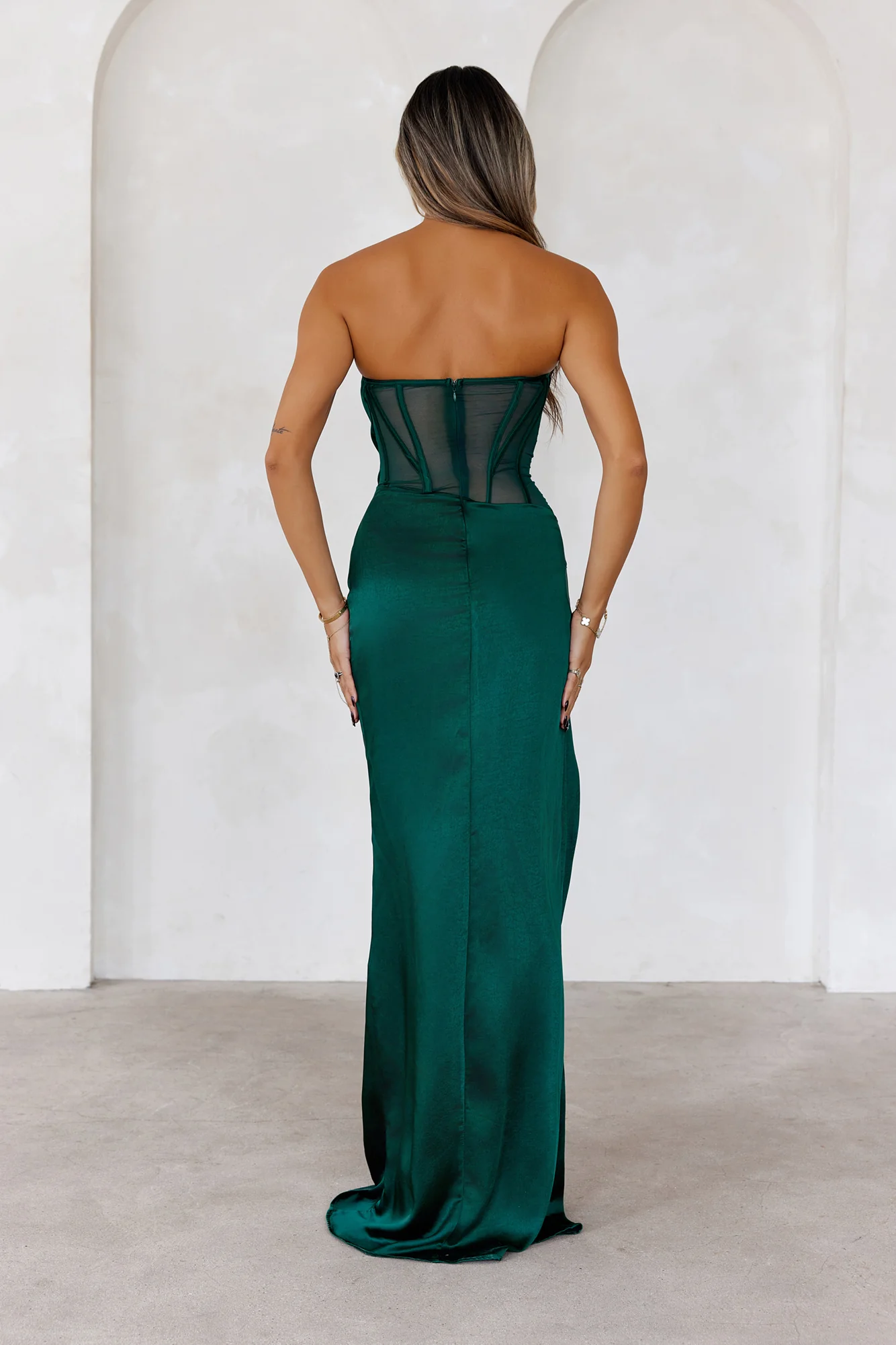 Opulent Obsession Strapless Satin Maxi Dress  Green