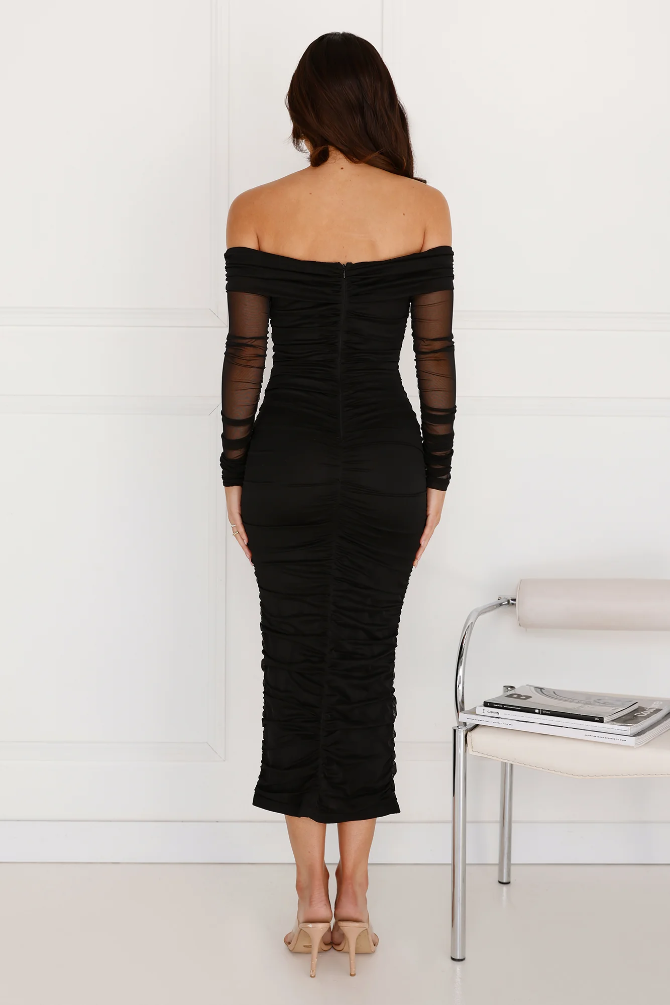 Get Together Off Shoulder Mesh Long Sleeve Midi Dress Black