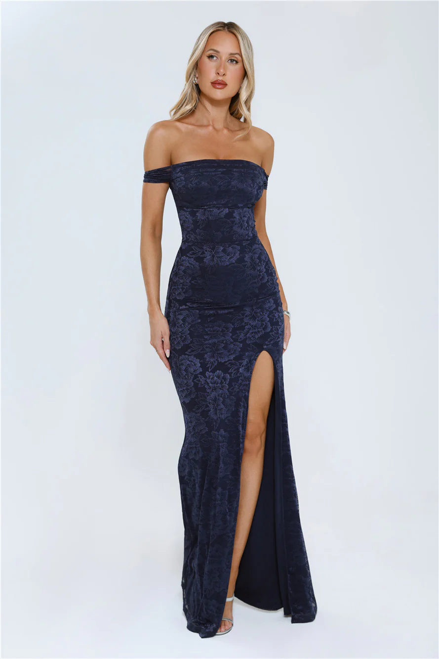 Night Bloom Off Shoulder Maxi Dress Navy