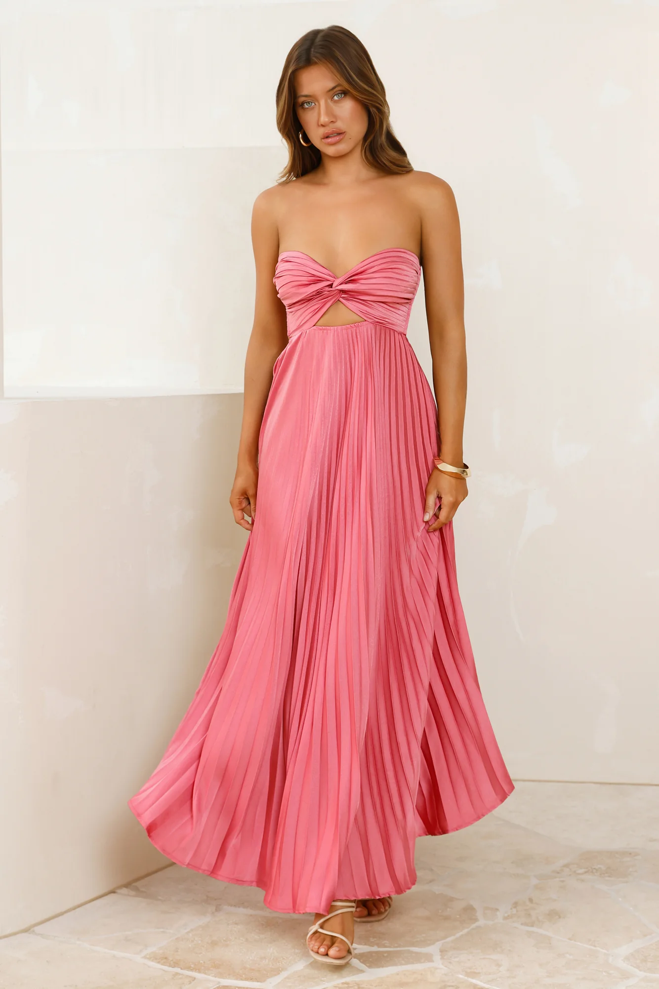 Vibes Are Priceless Strapless Satin Pleated Maxi Dress Rose