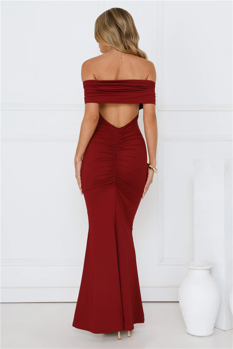 Vibe On Point Off Shoulder Maxi Dress Wine