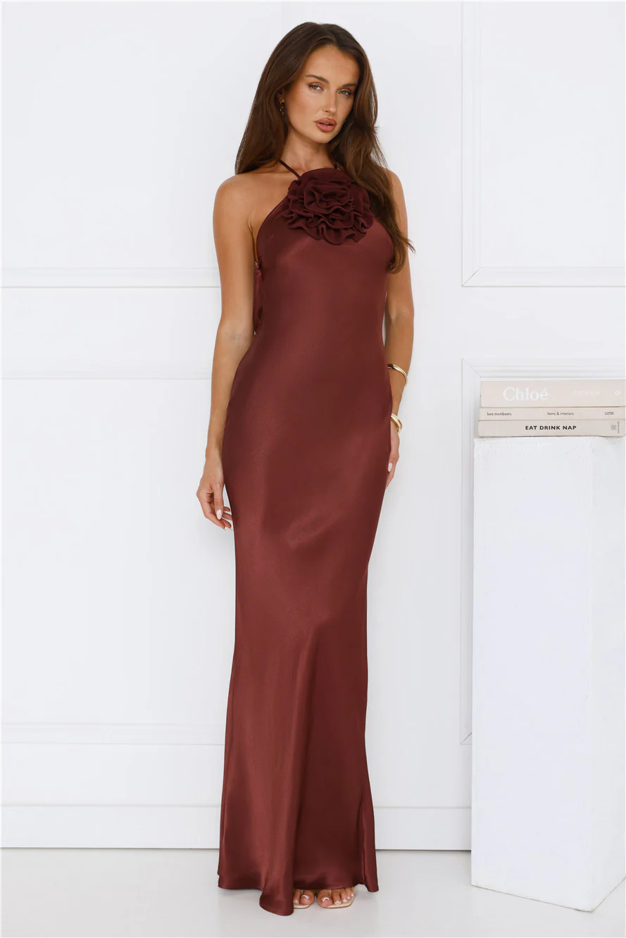 Piazza Nights Satin Maxi Dress Chocolate