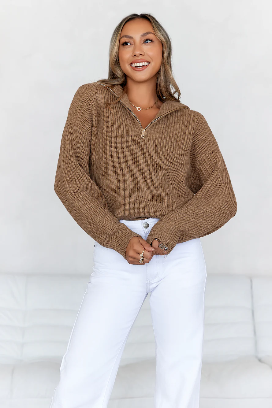 Snowfall Knitted Half Zip Jumper Brown