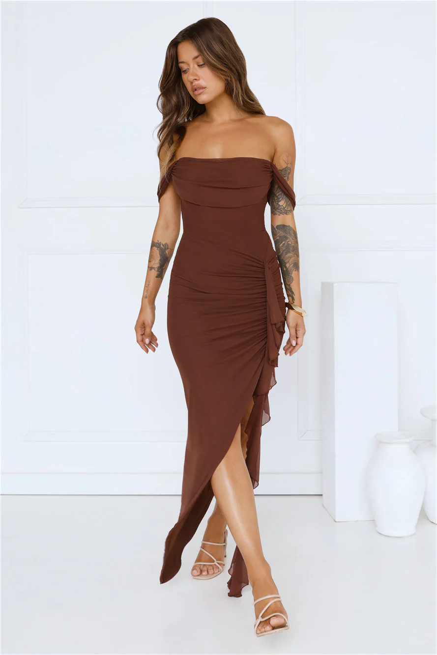 Style Flex Off Shoulder Maxi Dress Brown