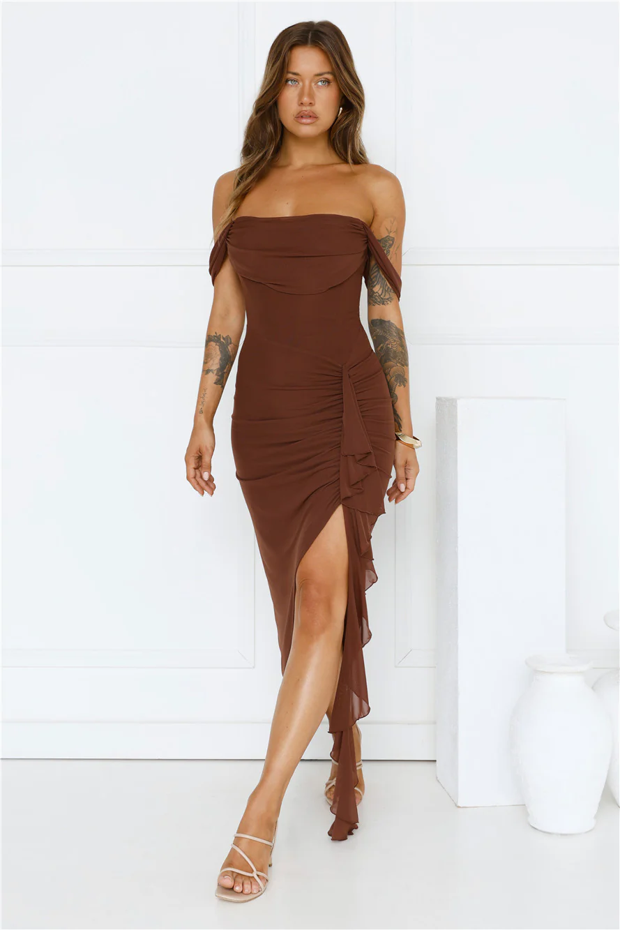 Style Flex Off Shoulder Maxi Dress Brown