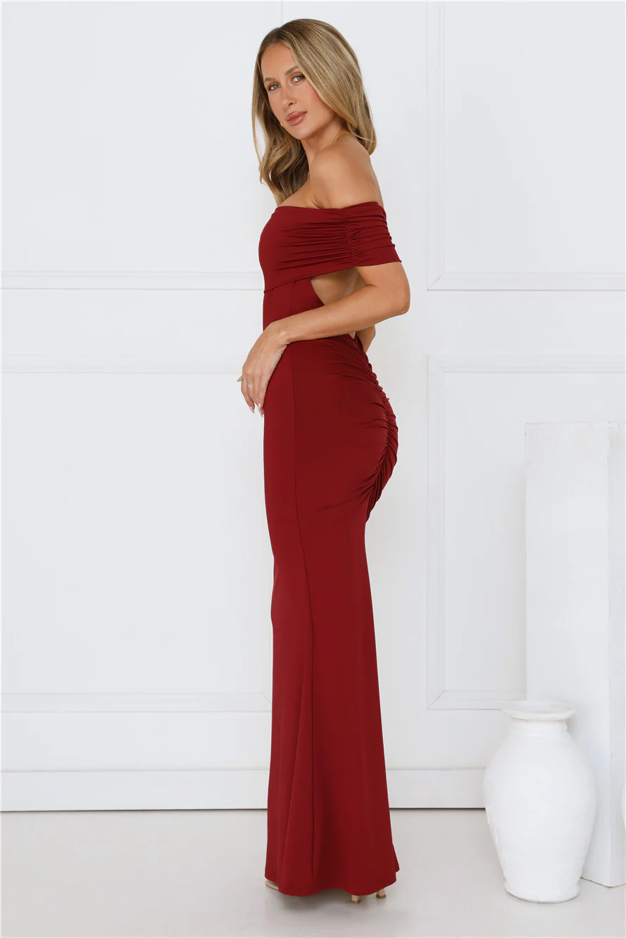Vibe On Point Off Shoulder Maxi Dress Wine