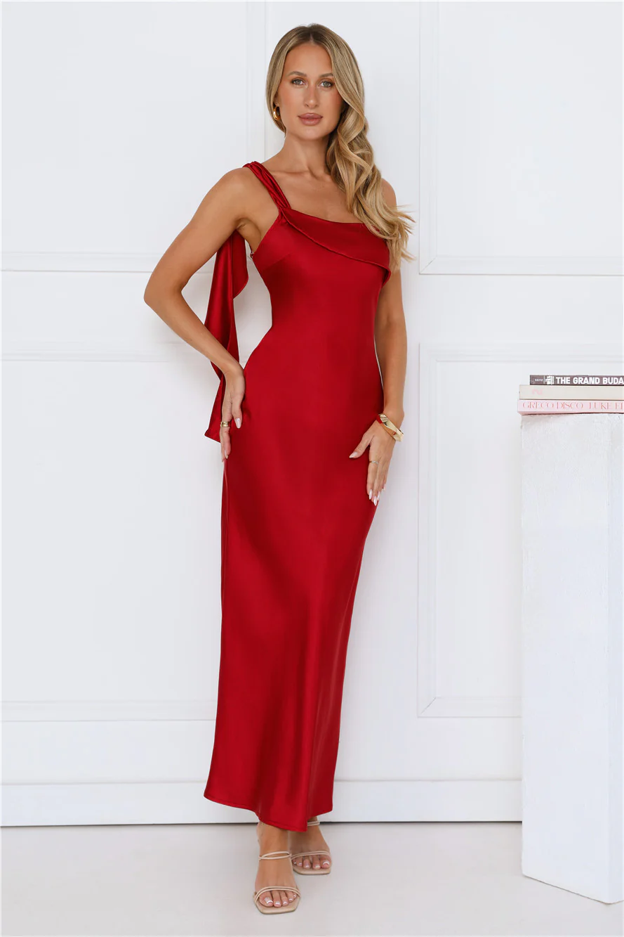 Romantic Tales Satin One Shoulder Maxi Dress Red