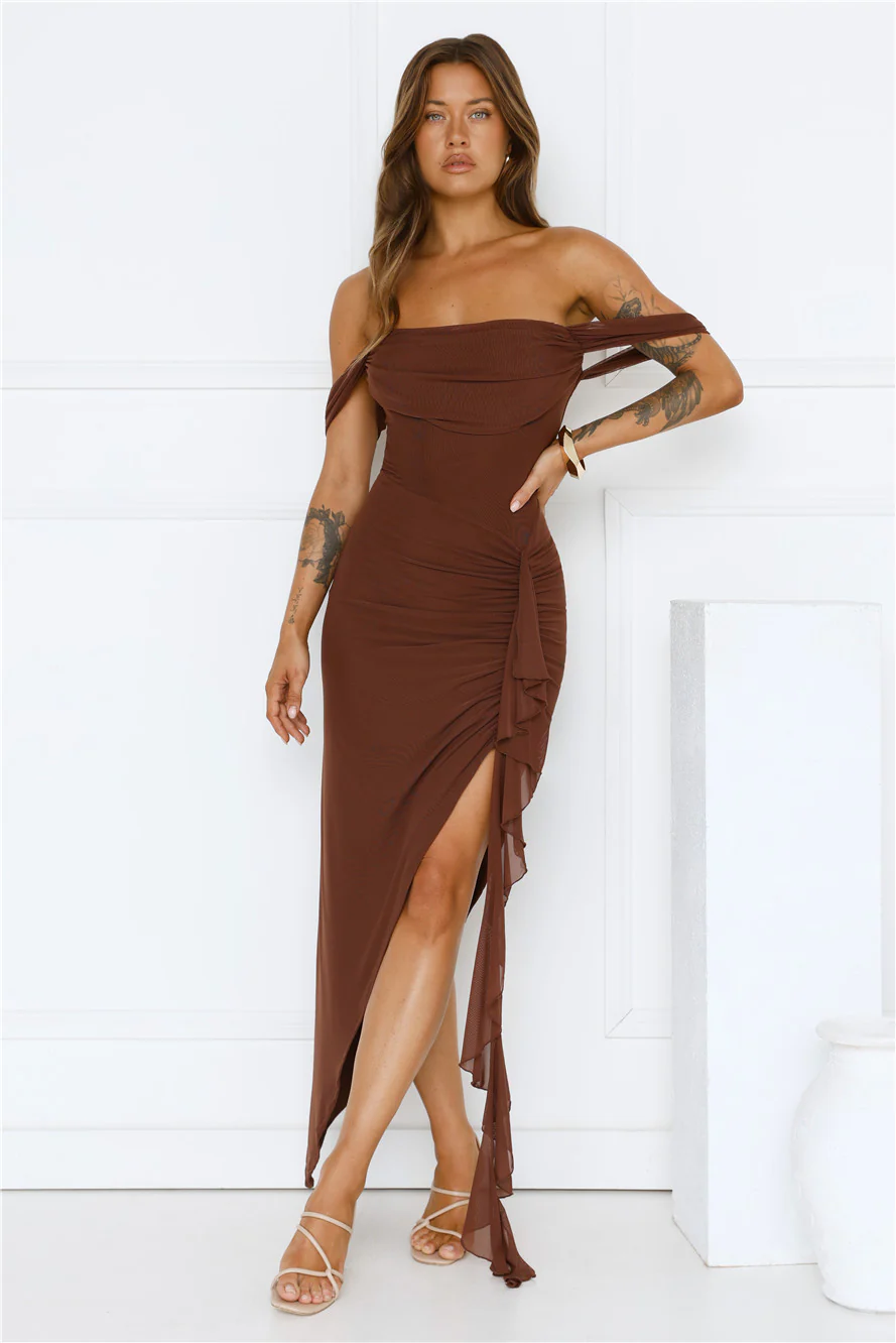 Style Flex Off Shoulder Maxi Dress Brown