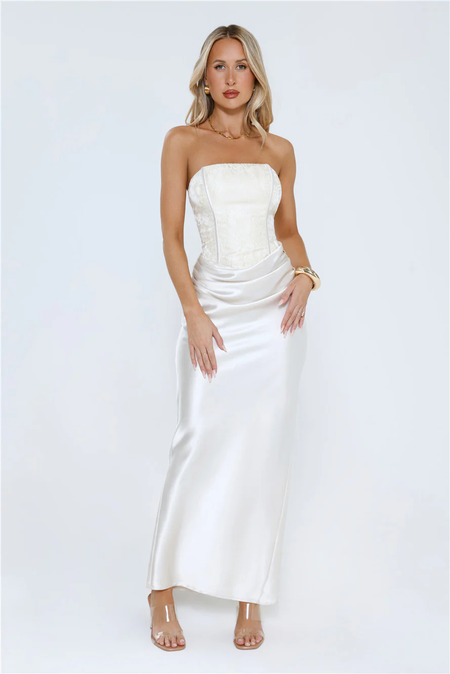 Dressed To Dazzle Strapless Satin Maxi Dress Ivory