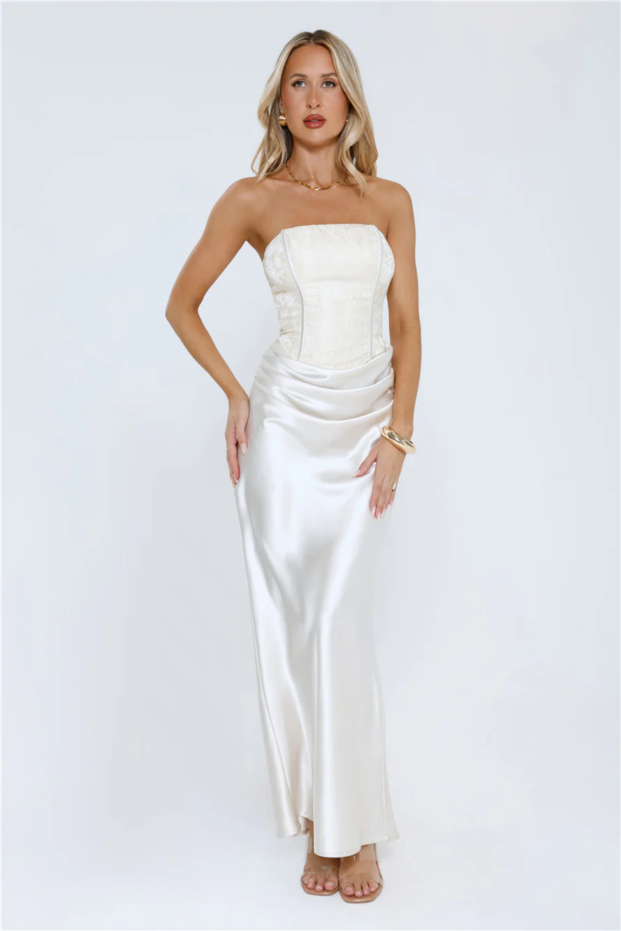 Dressed To Dazzle Strapless Satin Maxi Dress Ivory