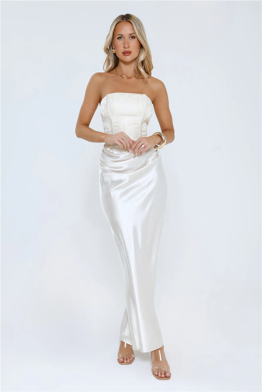 Dressed To Dazzle Strapless Satin Maxi Dress Ivory