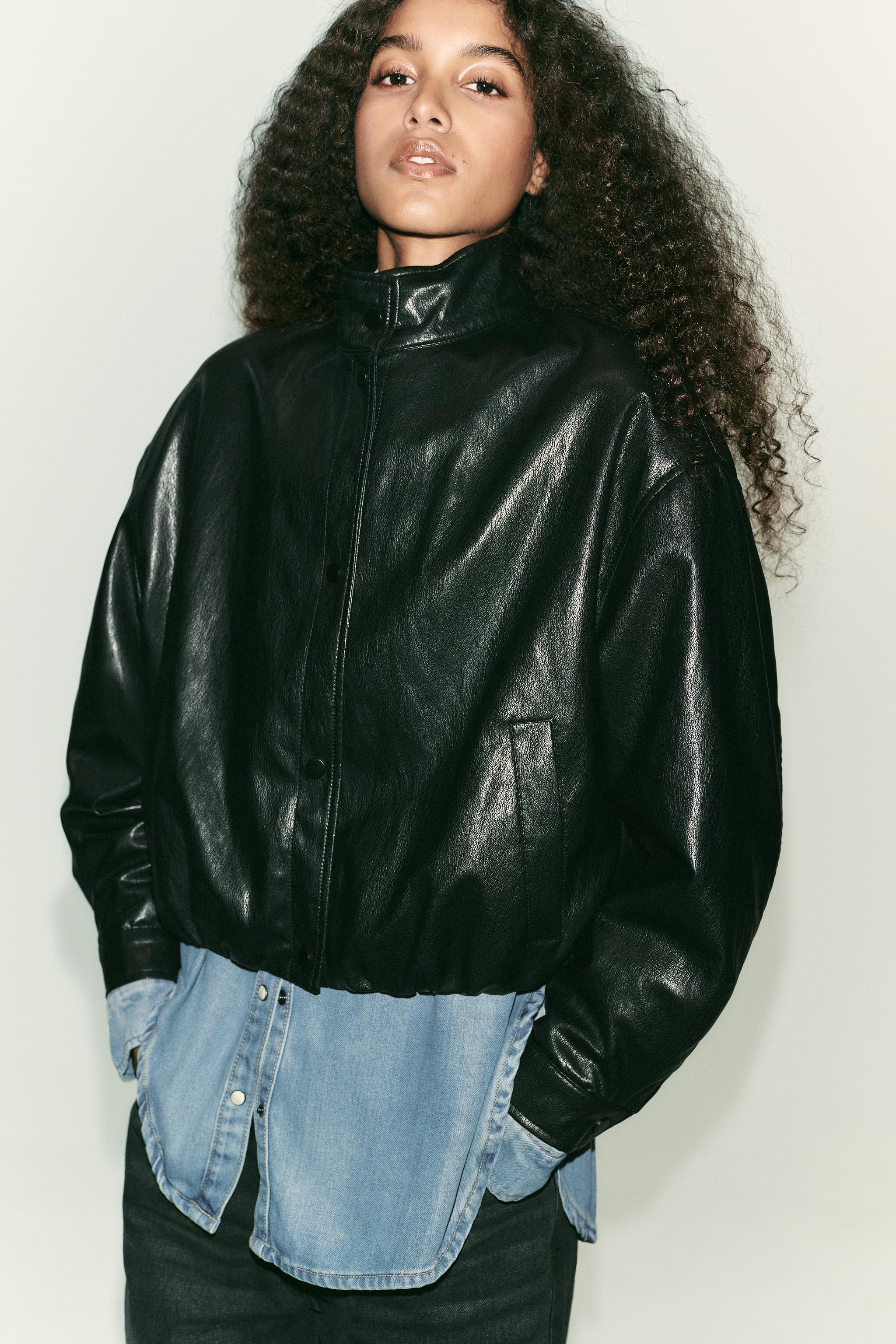 HIGH COLLAR FAUX LEATHER BOMBER JACKET
