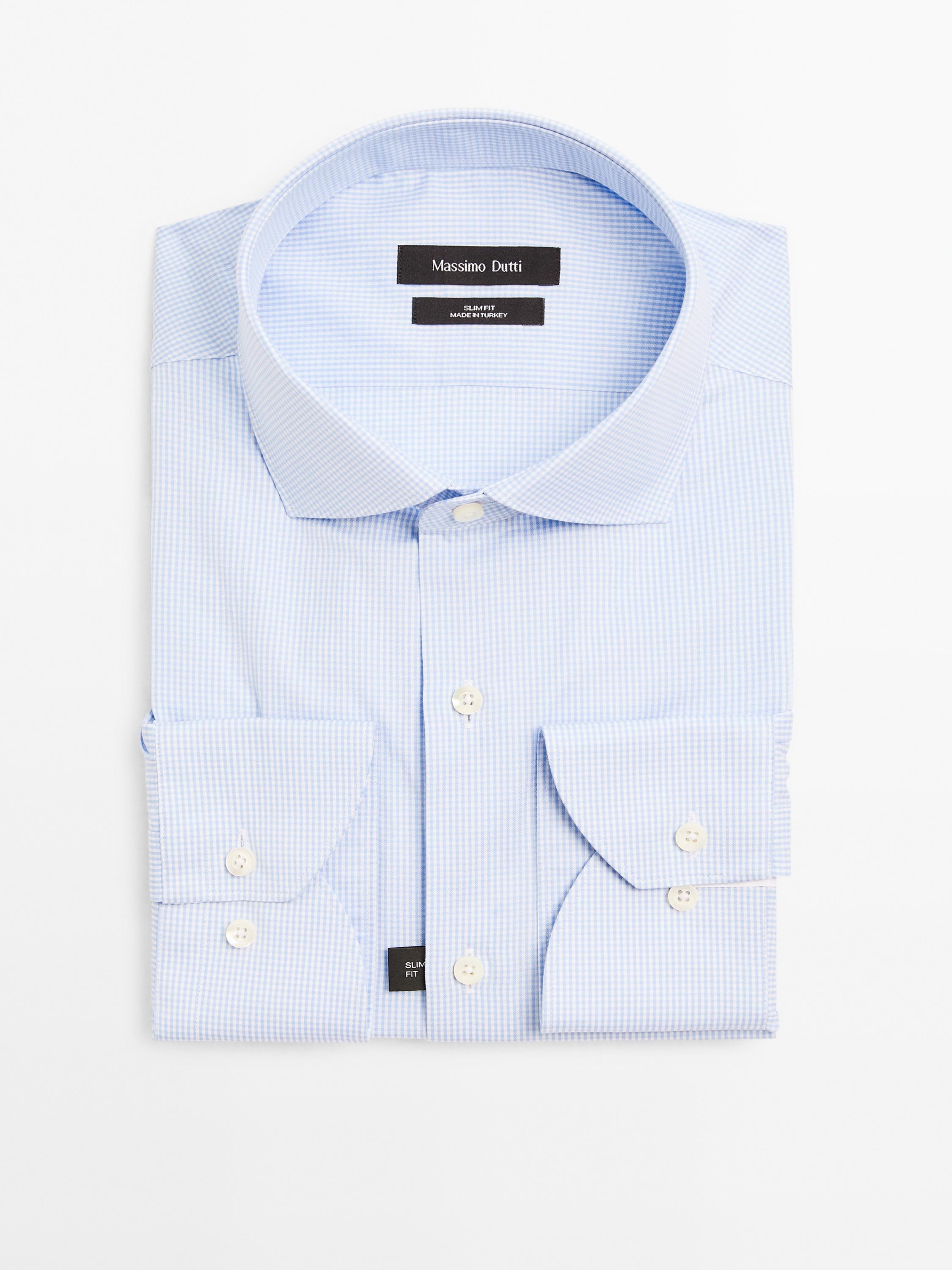 Slim fit micro-checked 100% cotton shirt