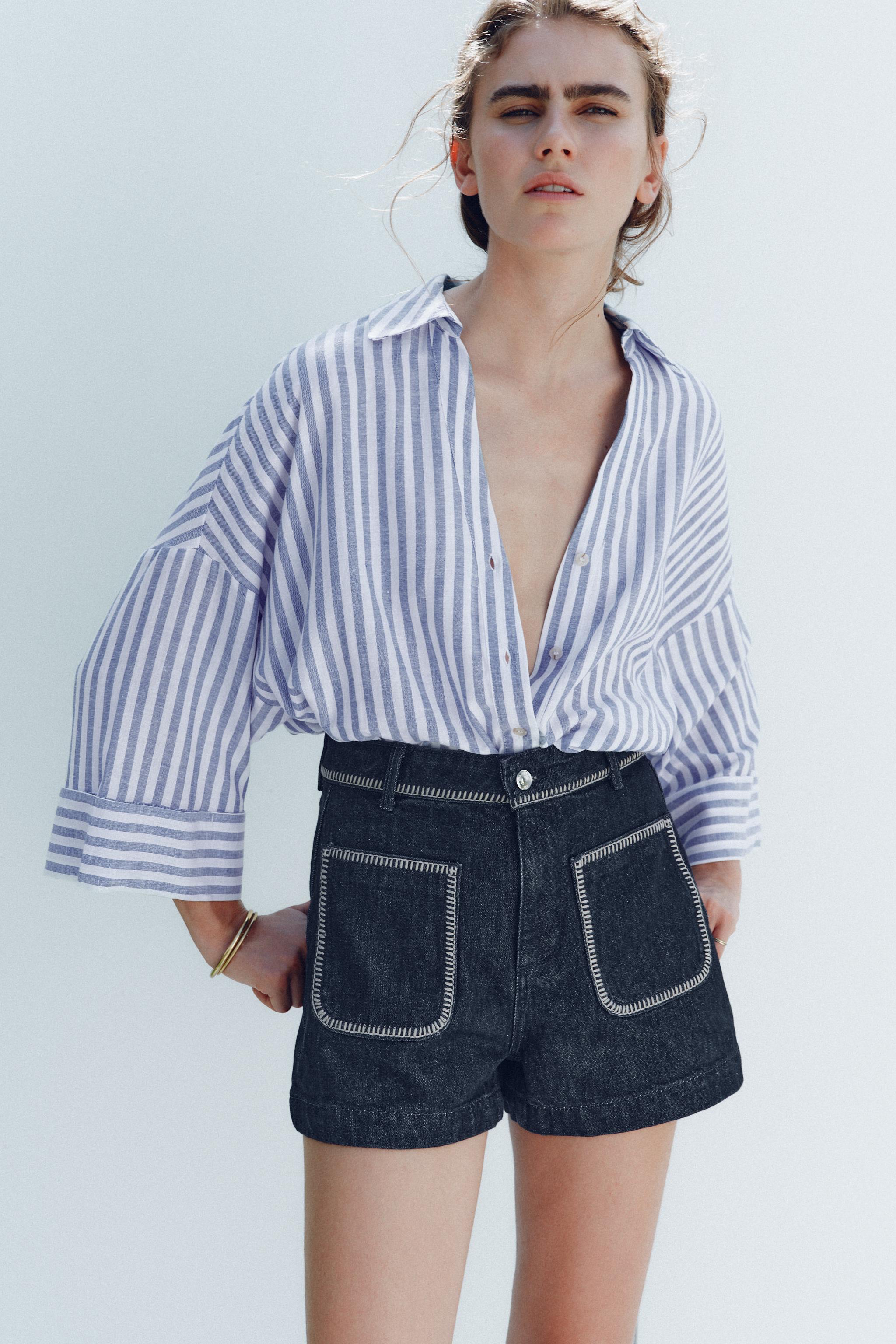 Z1975 HIGH-WAISTED DENIM SHORTS WITH TOPSTITCHING