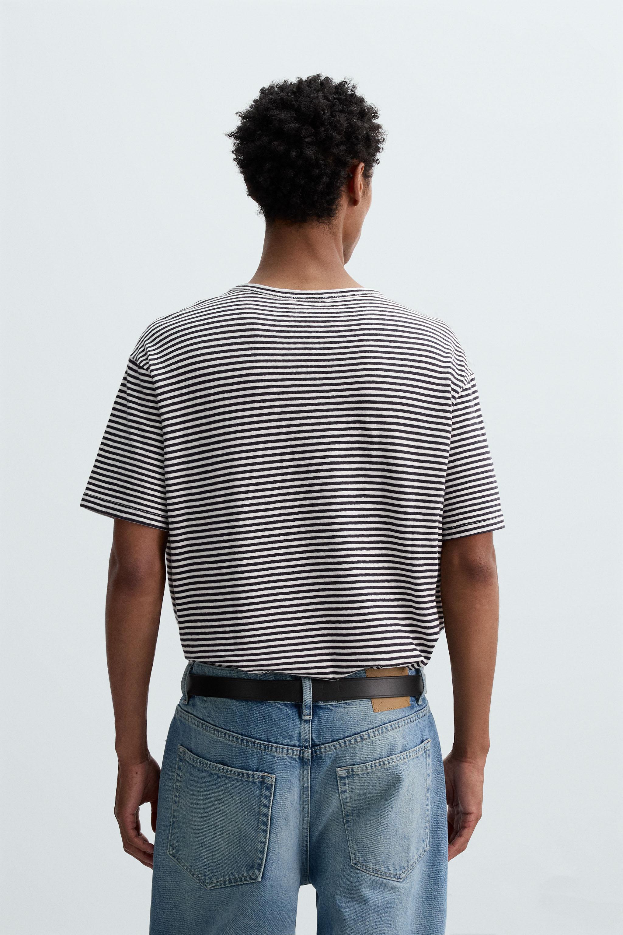 STRIPED COTTON LINEN BLEND T-SHIRT