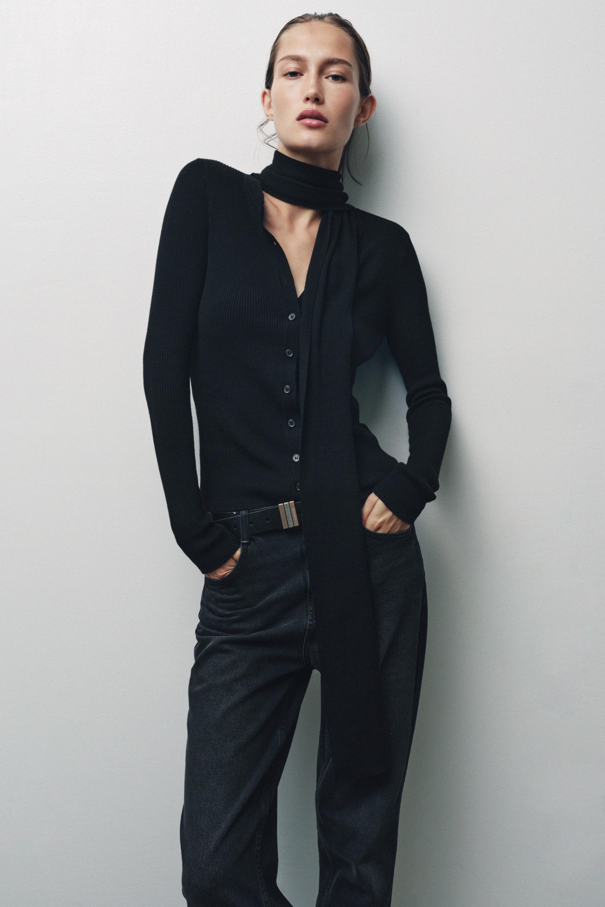 RIBBED KNIT CARDIGAN WITH SCARF