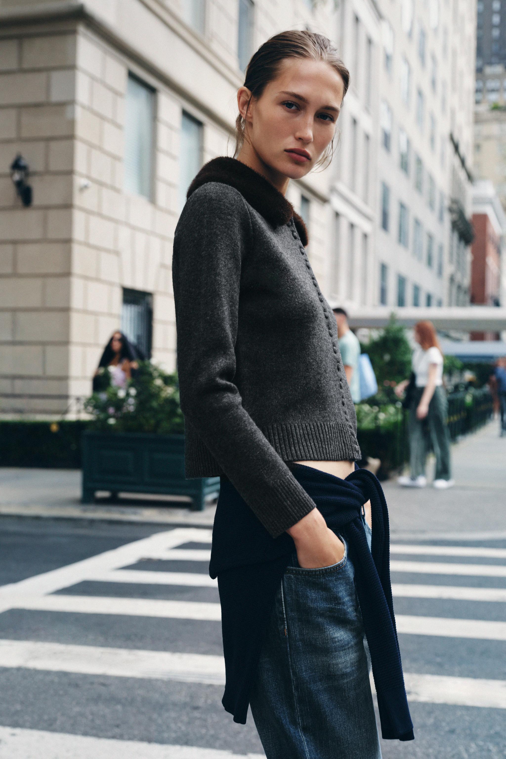 FAUX FUR LAPEL KNIT CARDIGAN