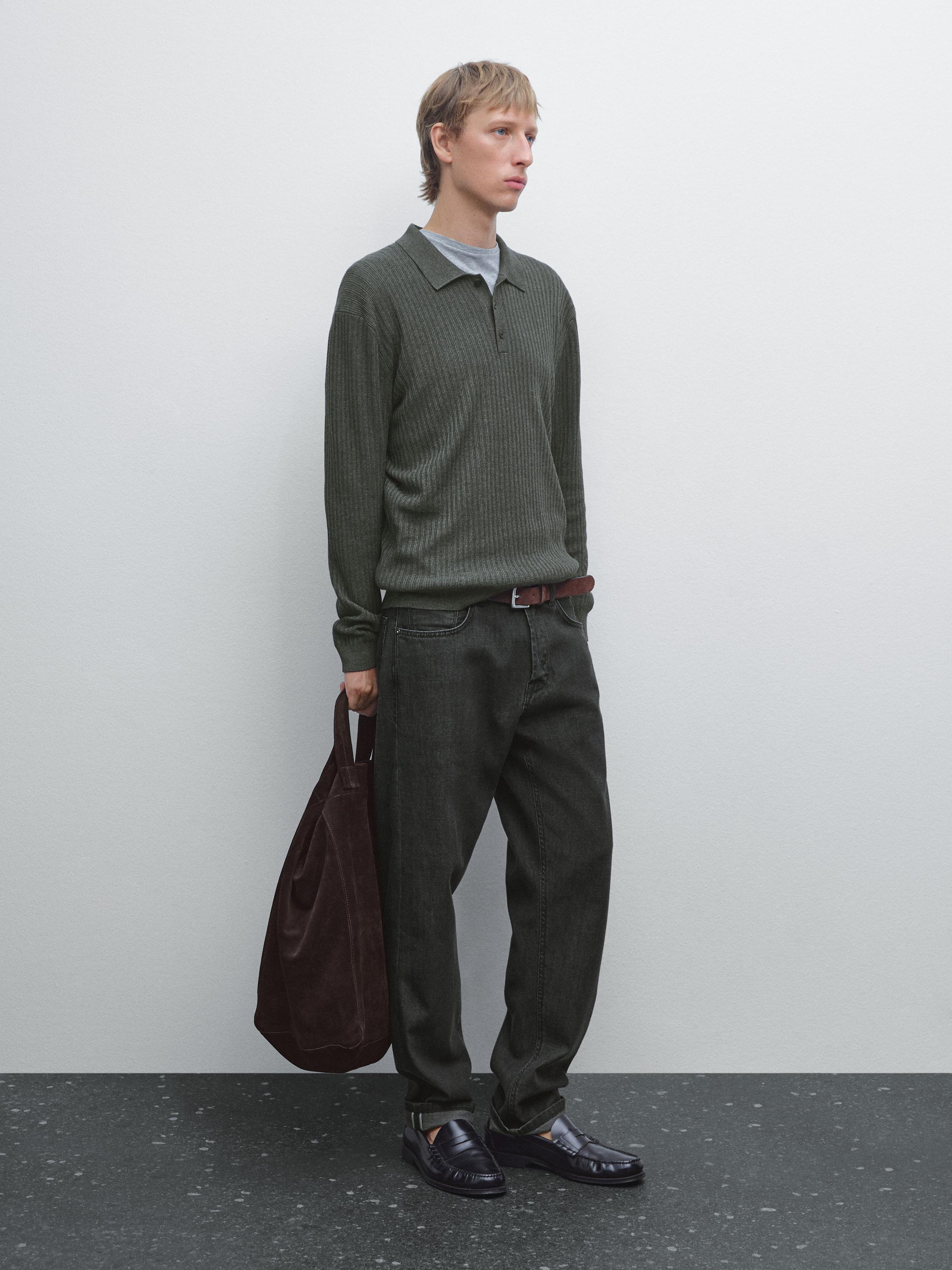 Cotton blend knit polo sweater