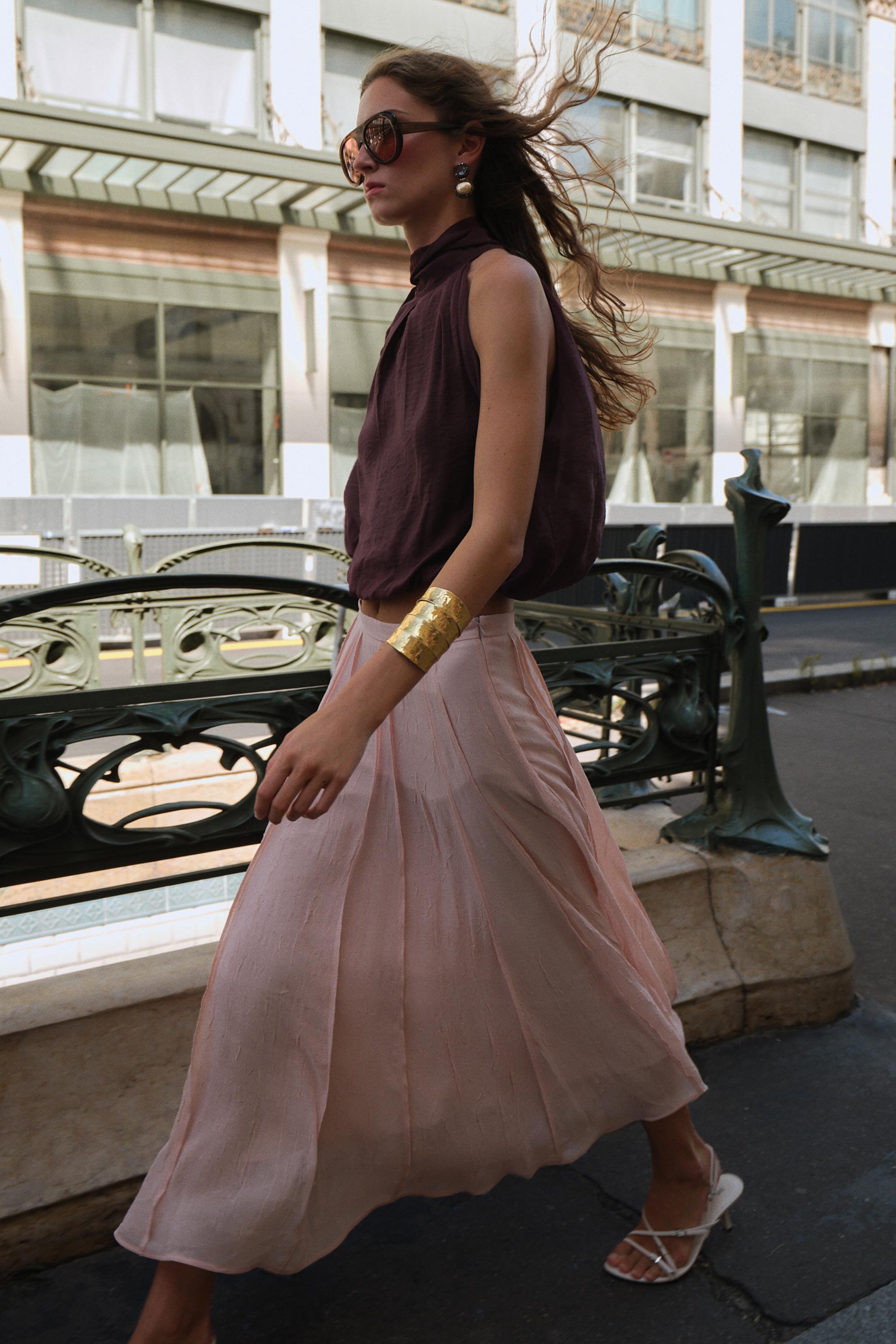 SEMI-SHEER TOPSTITCHED MIDI SKIRT