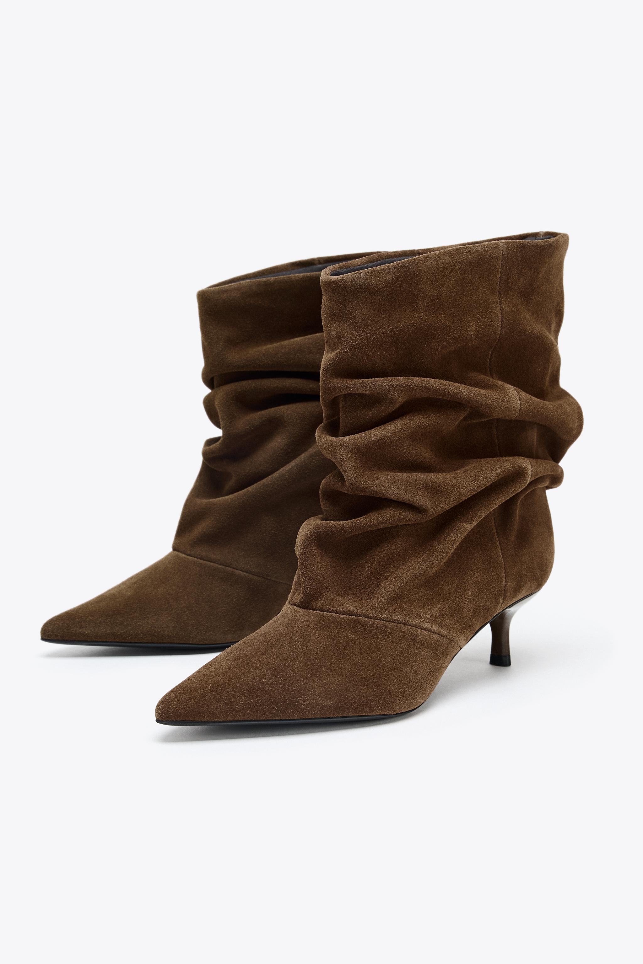 RUCHED SPLIT LEATHER ANKLE BOOTS