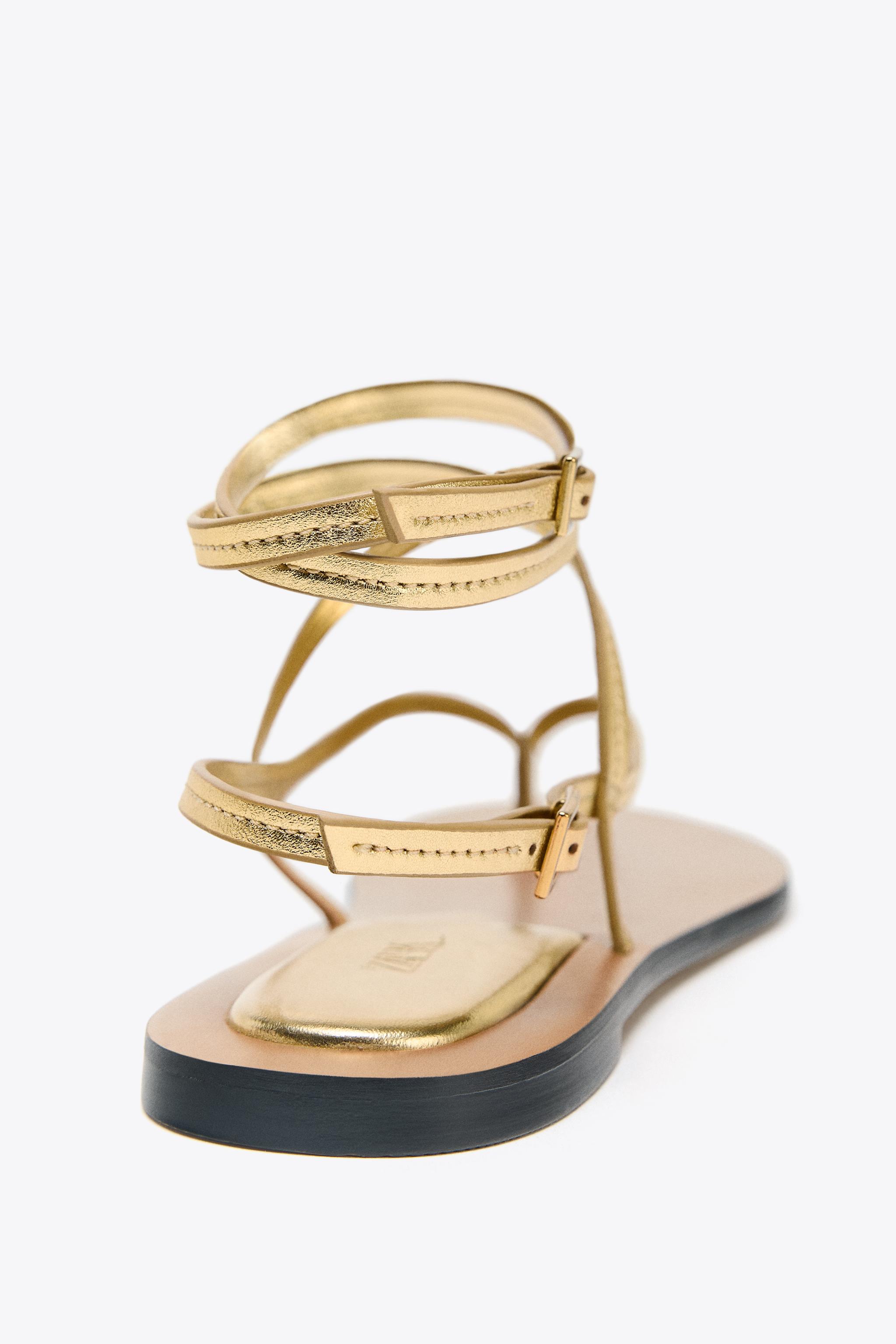 METALLIC EFFECT STRAPPY LEATHER SANDALS