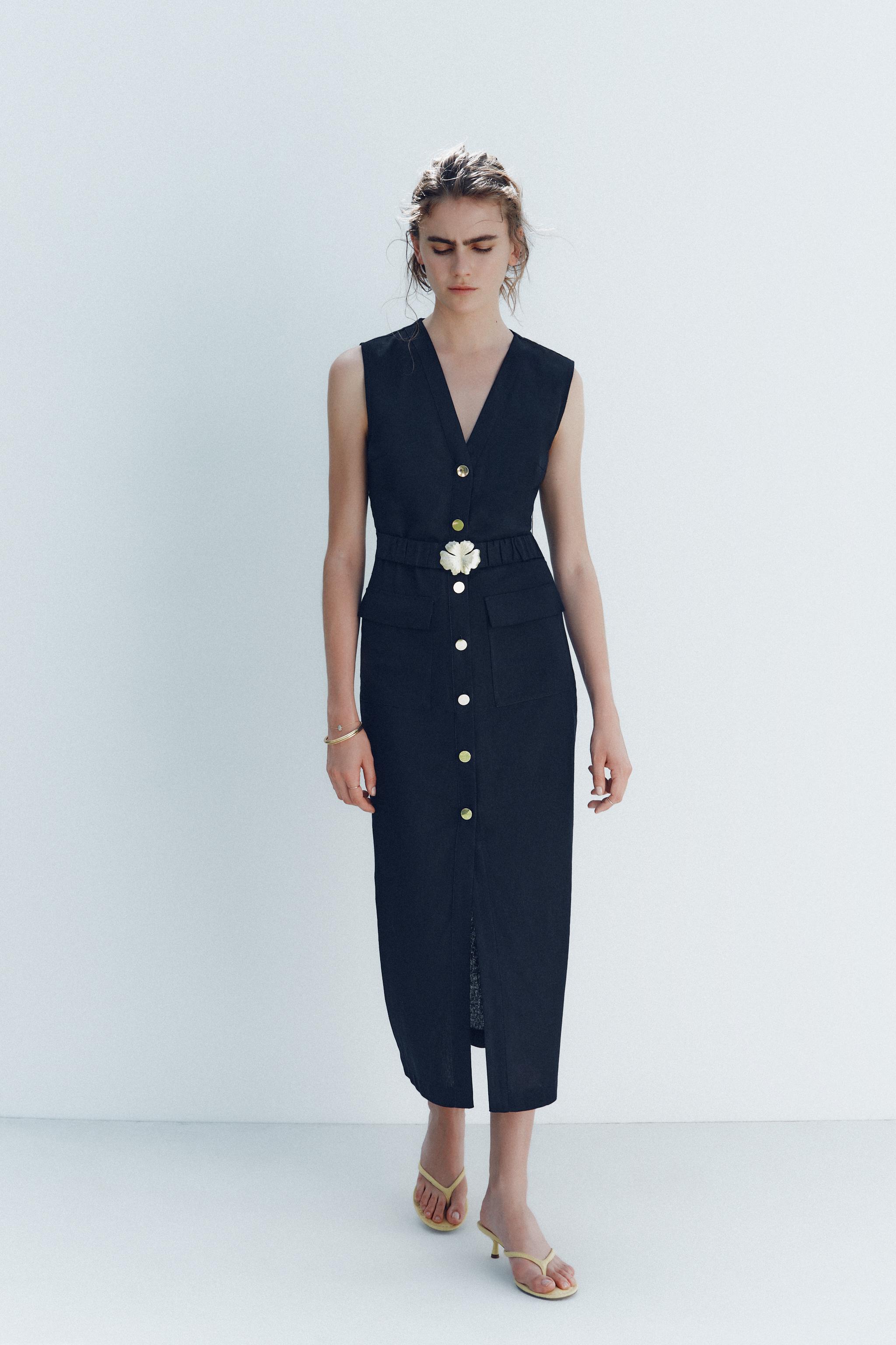 LINEN BELTED MIDI DRESS