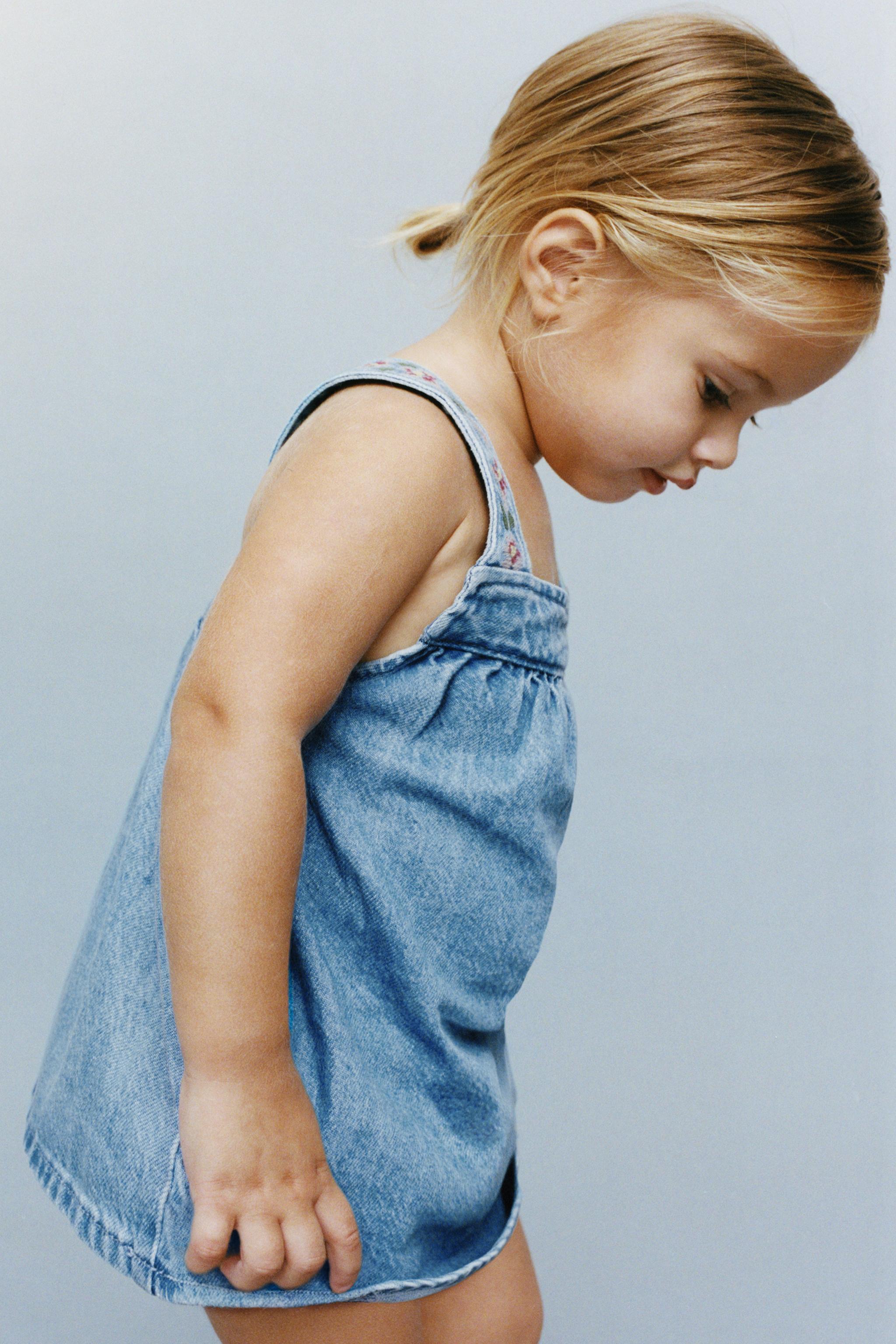 EMBROIDERED DENIM PINAFORE DRESS AND BLOOMERS