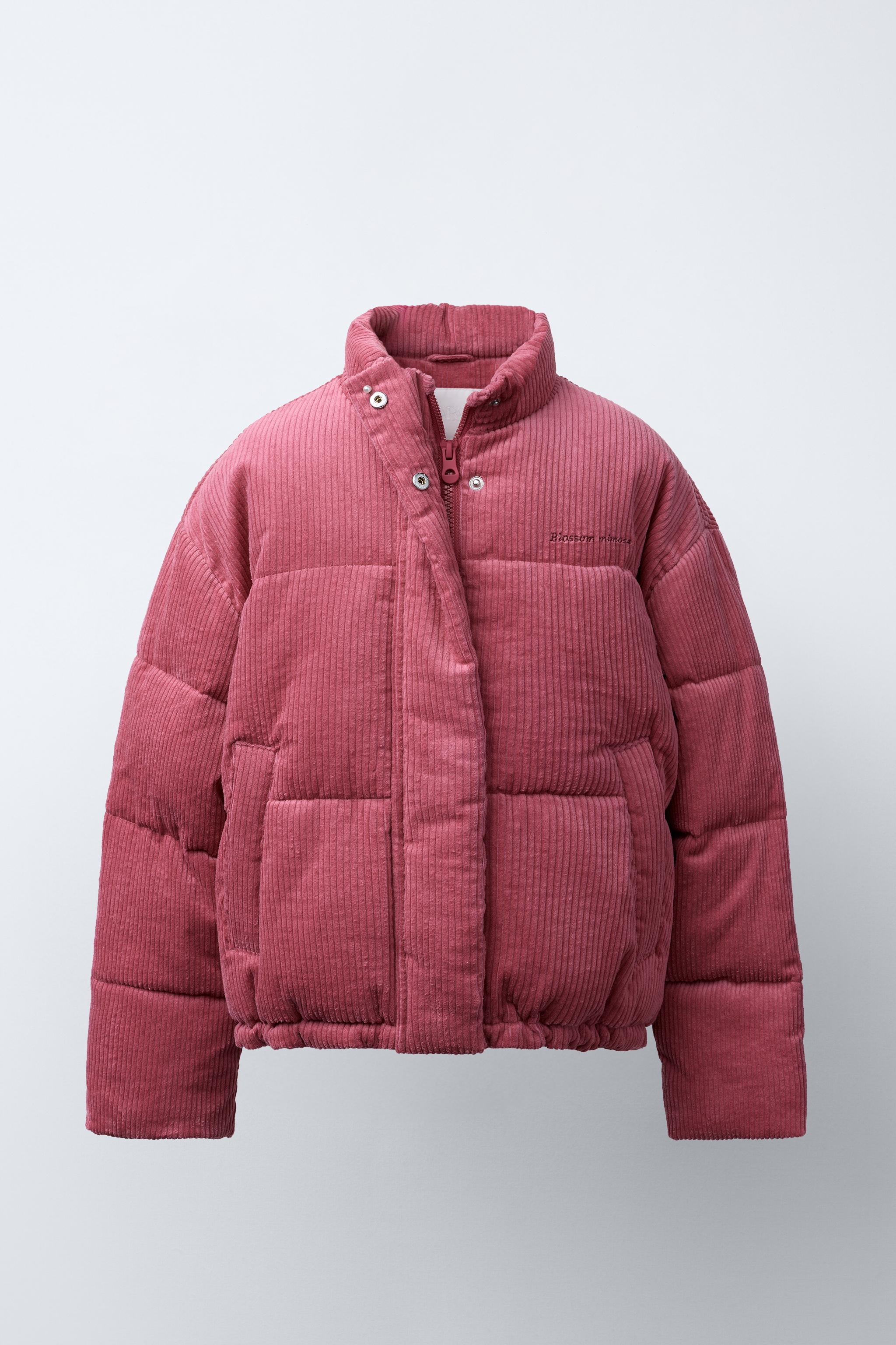 EMBROIDERED TEXT CORDUROY PUFFER JACKET
