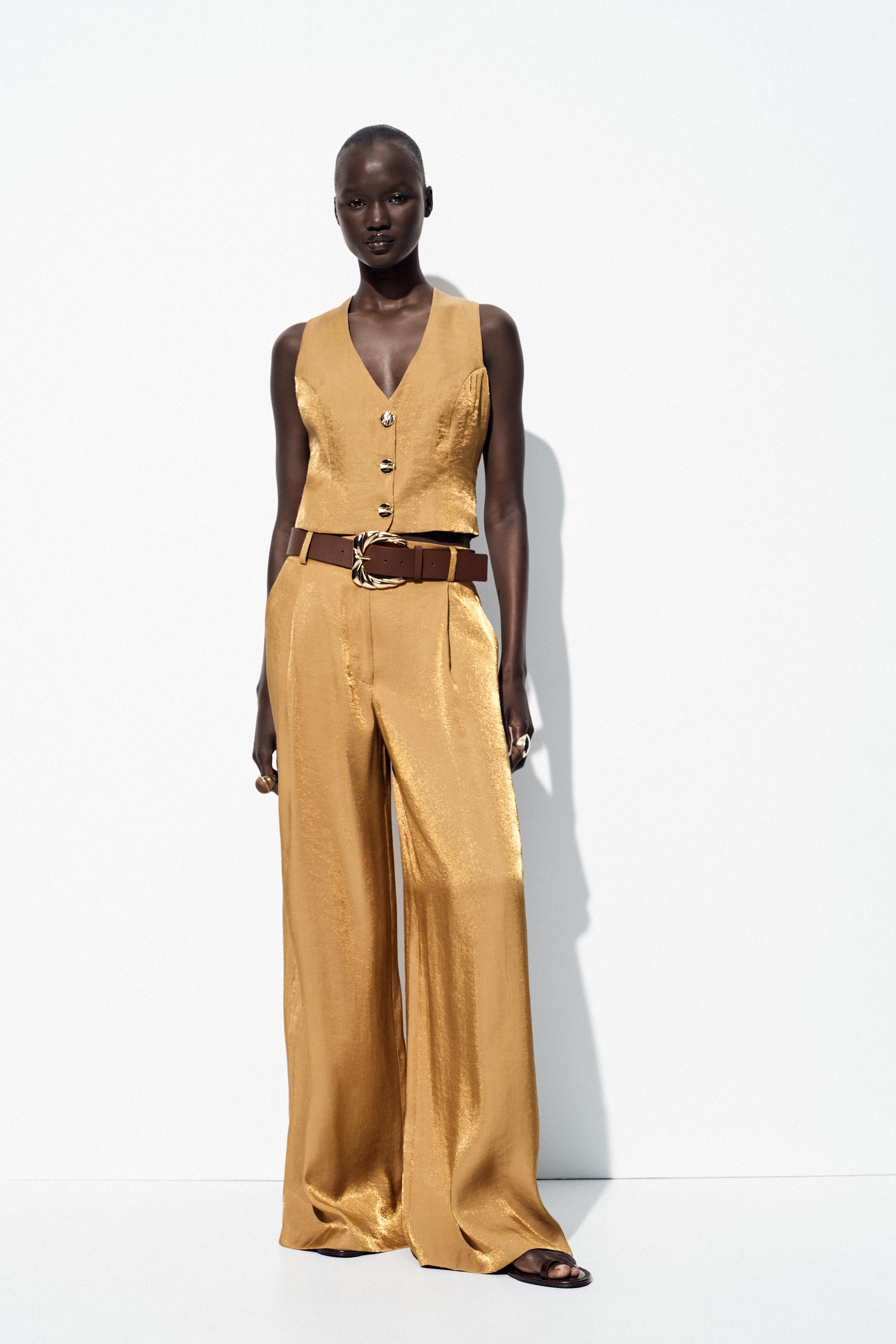 SATIN WIDE LEG BELTED PANTS