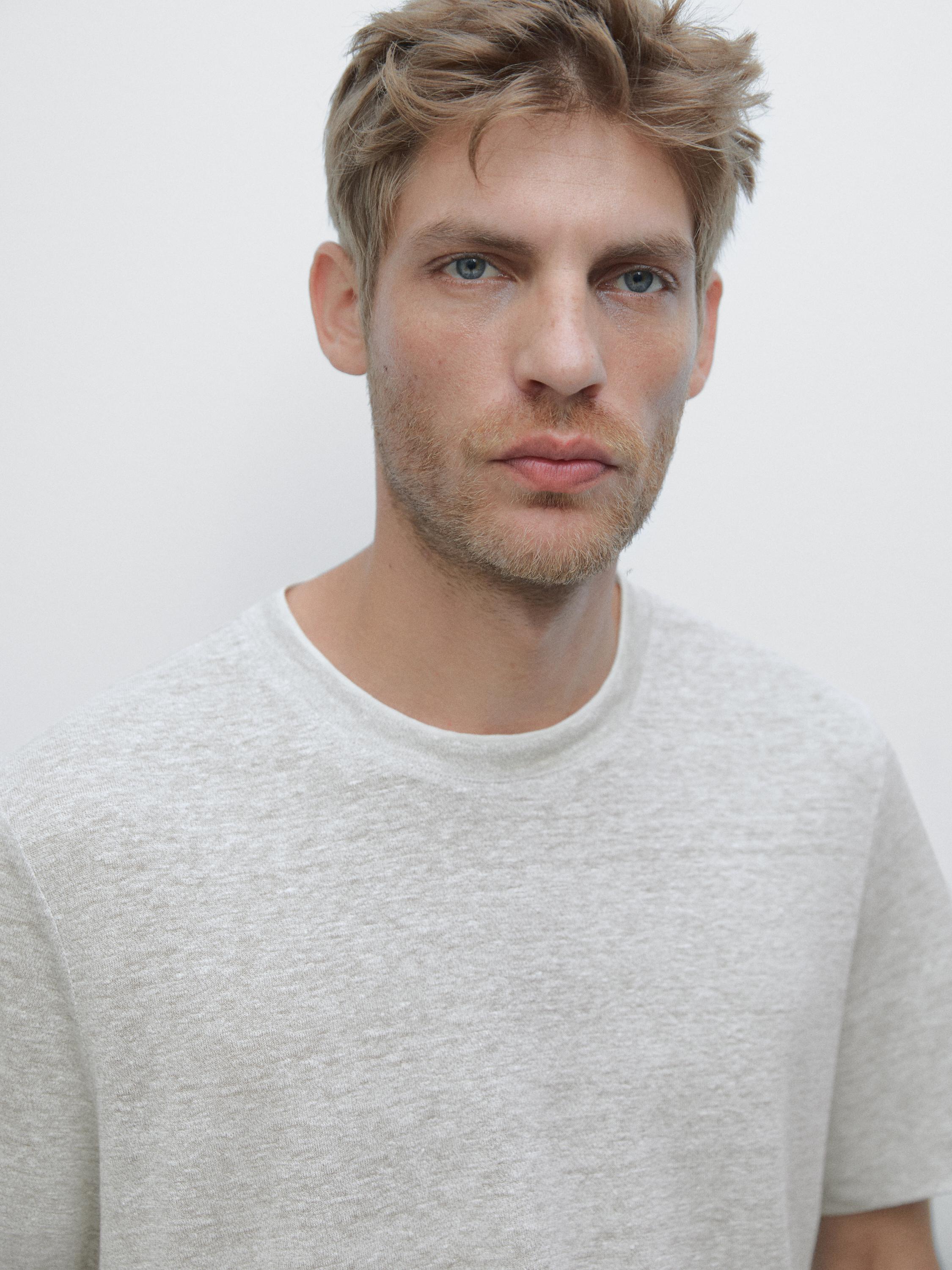 Linen blend contrast knit T-shirt