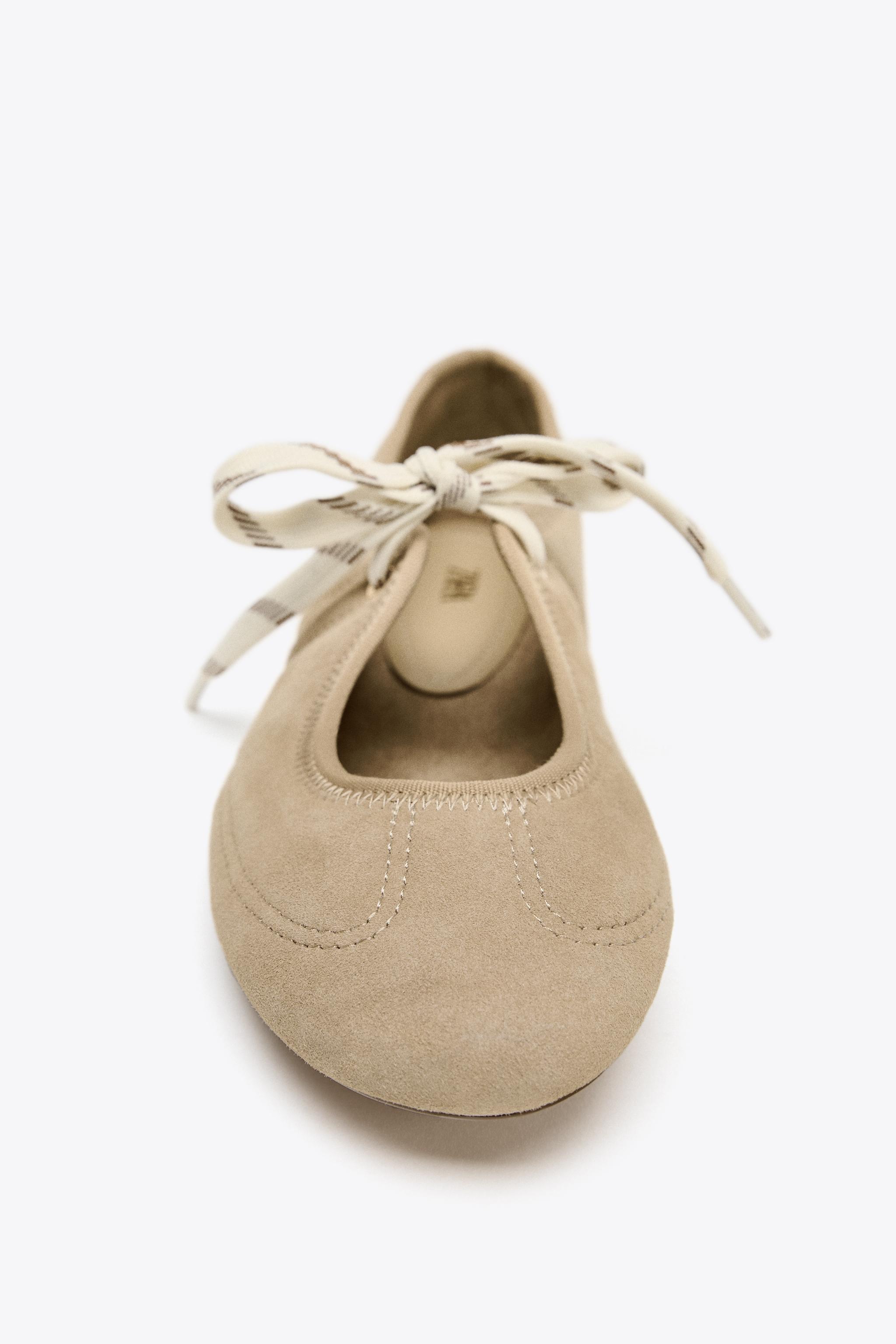 SPLIT LEATHER LACE-UP BALLET FLATS