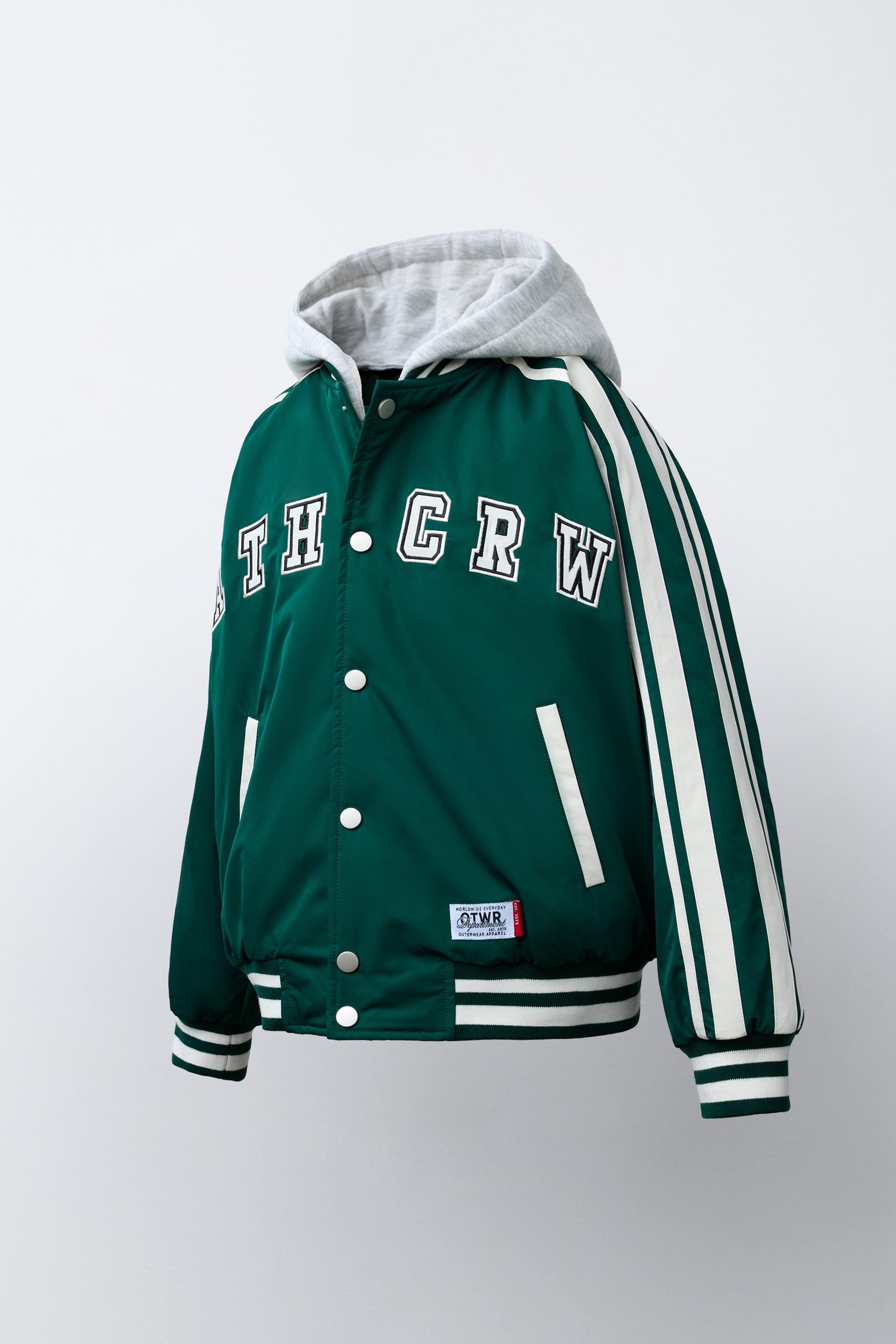 REMOVABLE HOOD VARSITY PUFFER BOMBER JACKET