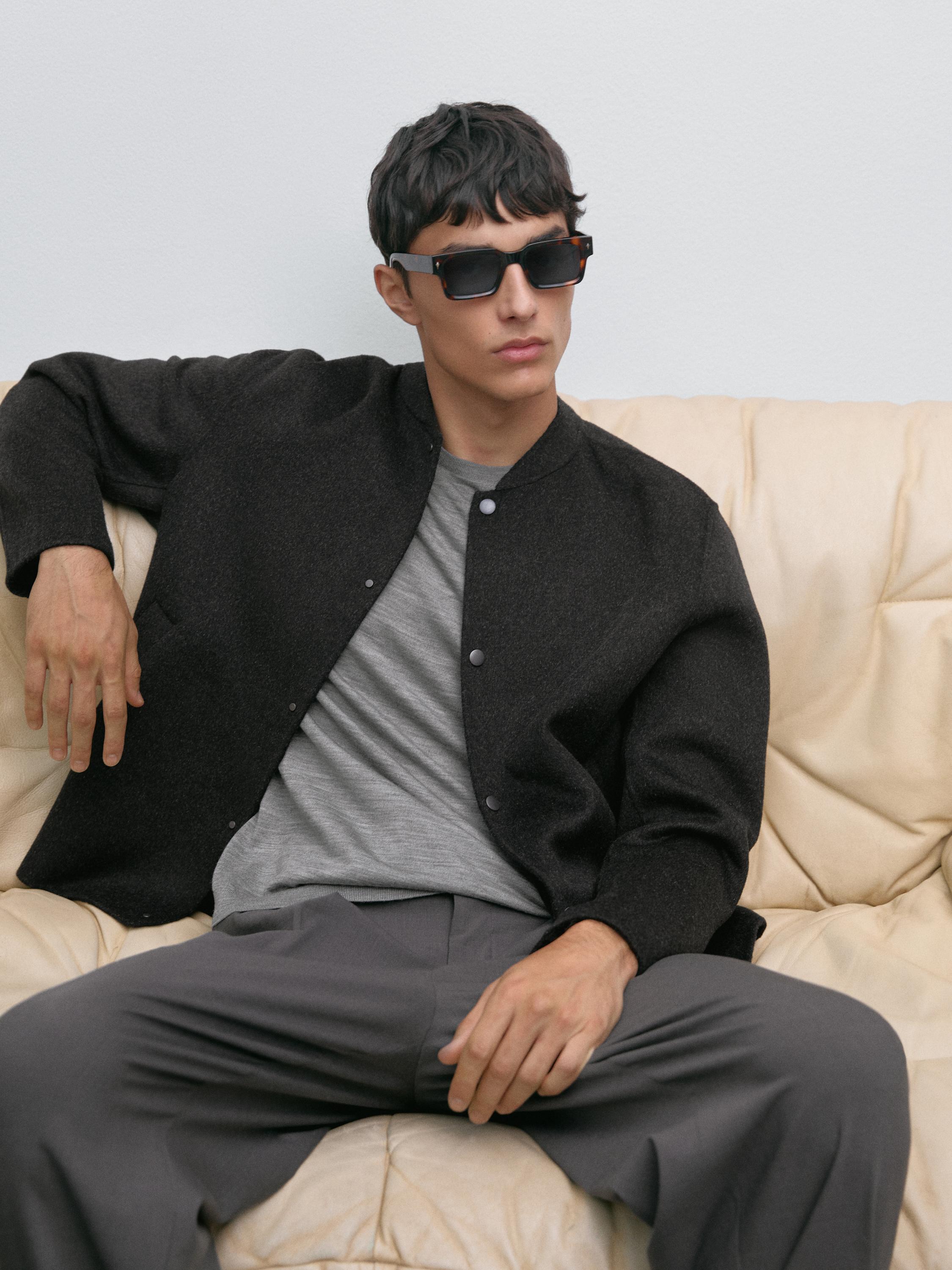 Double-layer wool blend bomber jacket