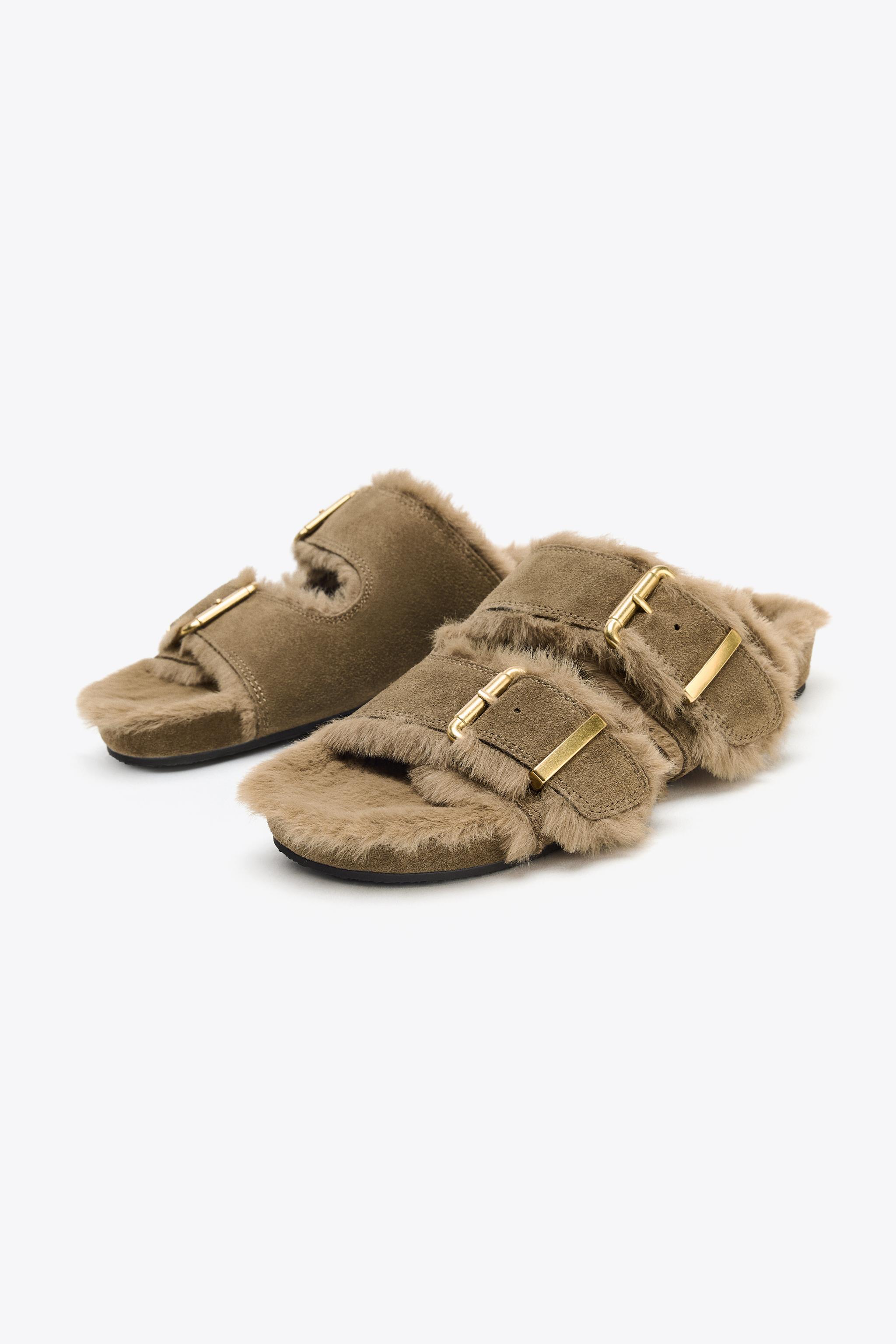 FAUX FUR FLAT BUCKLE SANDALS