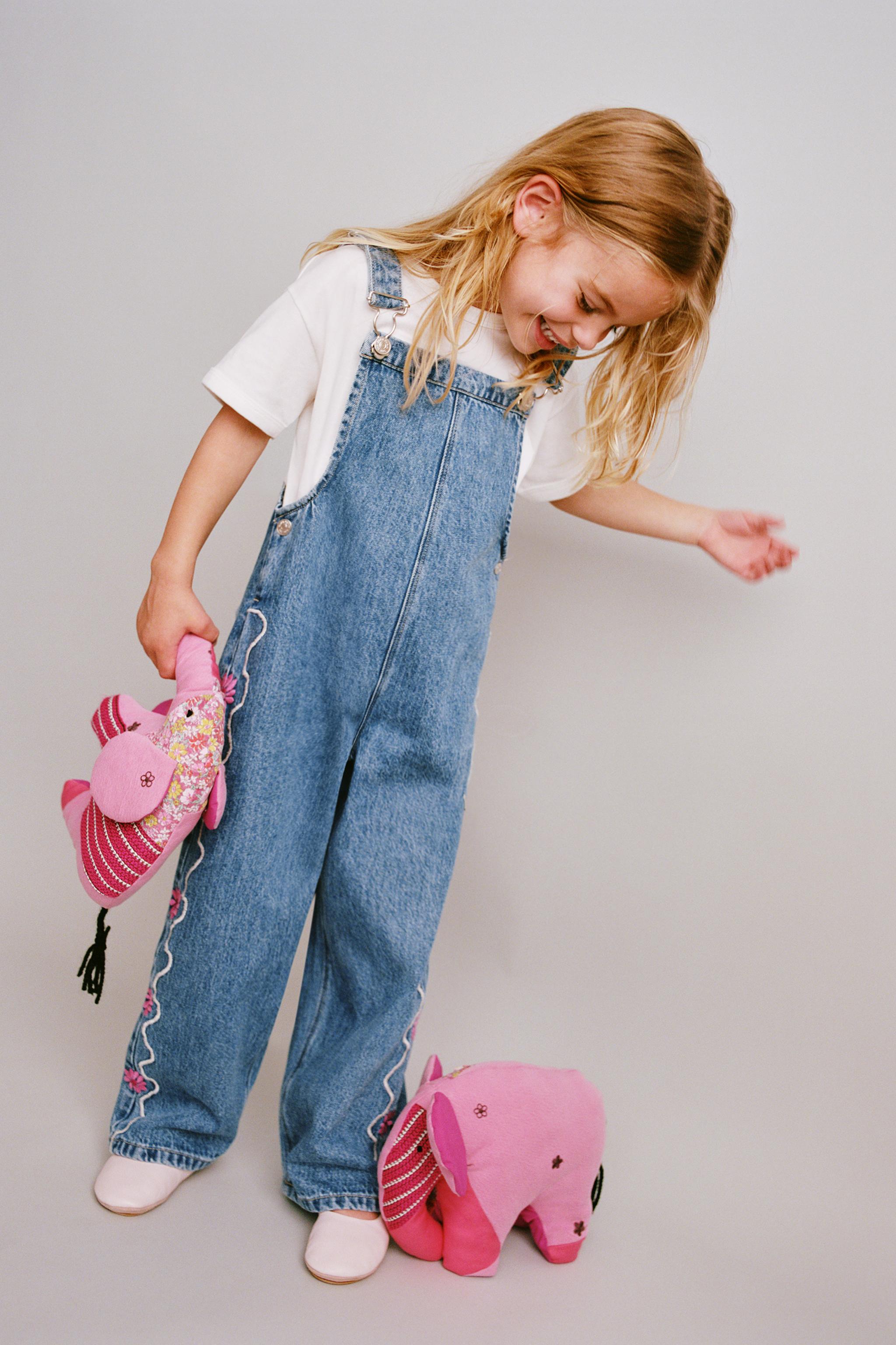 WAVY & FLORAL EMBROIDERED DENIM OVERALLS