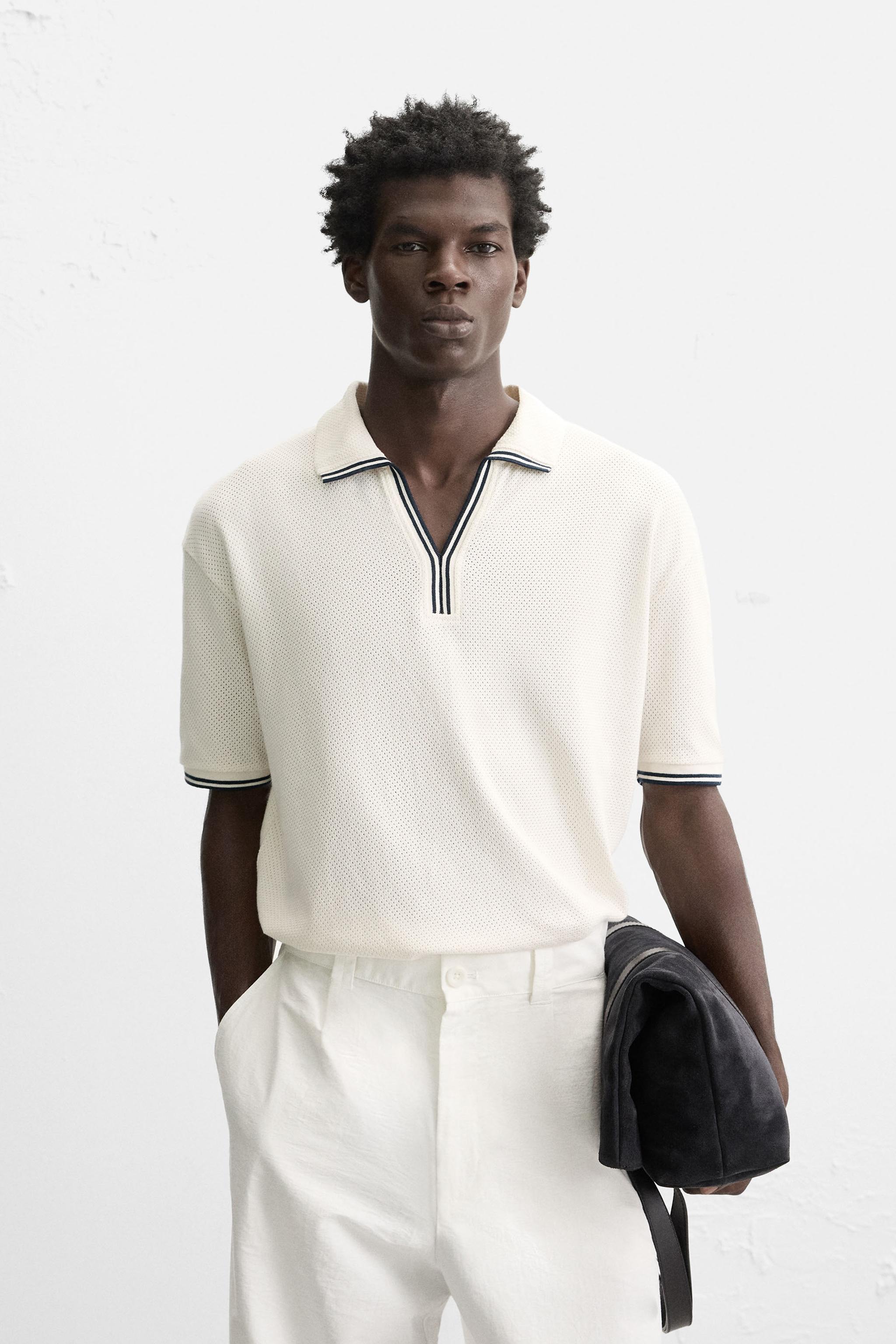 CONTRAST OPEN WEAVE POLO SHIRT